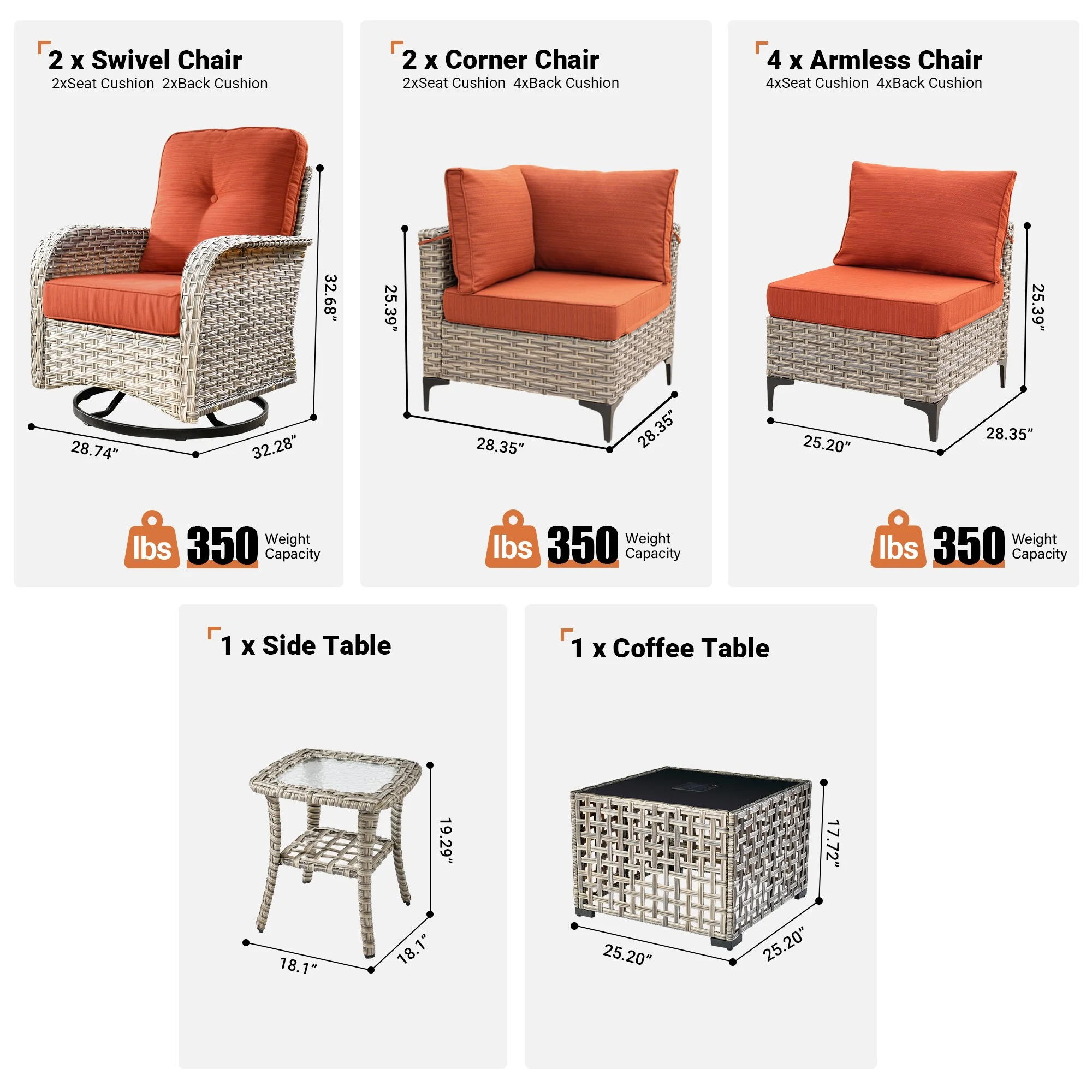 Vcatnet Outdoor Patio Furniture Sets 10 Pieces Sectional Sofa Wicker Conversation Set with Swivel Glider Chairs and Solar Powered Coffee Table for Porch,Backyard,Gray - Image 24