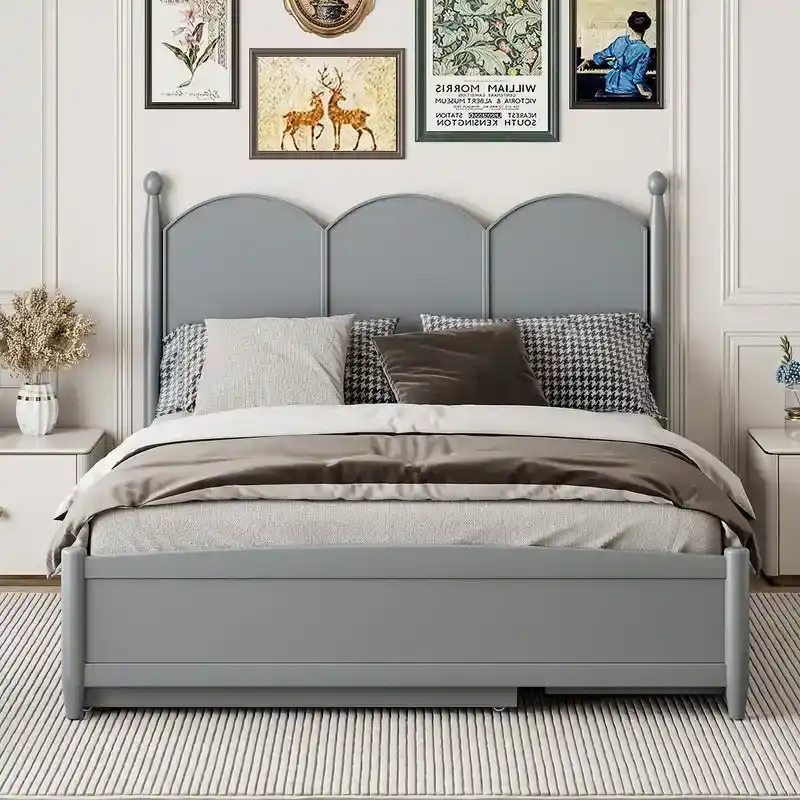 Queen Size Platform Bed with Vintage Headboard - Multifunctional Storage Frame Featuring Twin XL Trundle & 2 Drawers