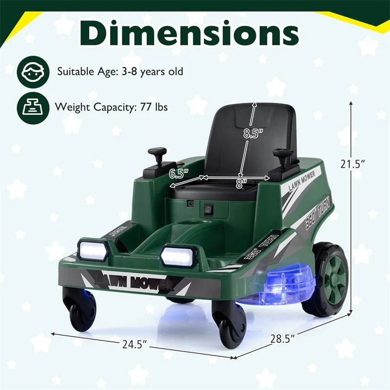 Eletriclife 12V Kids Ride-On Lawn Mower with 360° Twist & Turn, Dual Control Sticks, LED Lights for Toddlers Aged 3-8