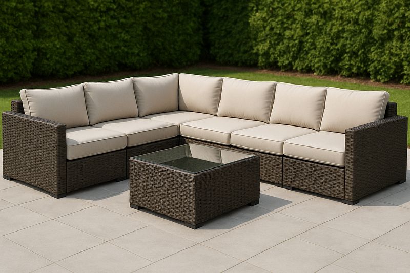 Conjunto de Sofás Esquinero Modular de Exterior Marrón/Beige Ratán Vidrio 6 Piezas