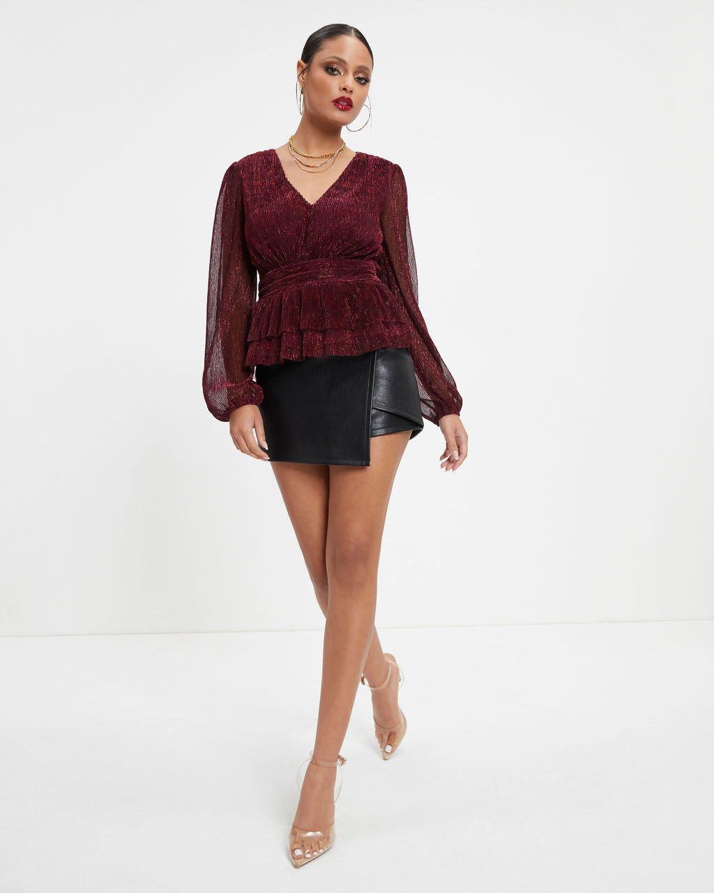 Razzle Dazzle Metallic Plisse Tiered Top - Wine - Se7enfashion