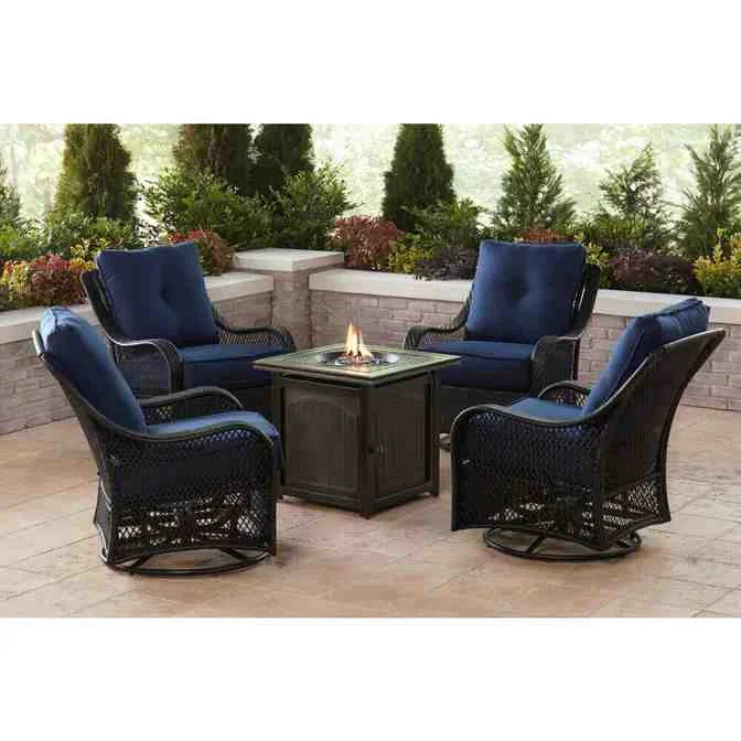 2025 5-Piece Steel Patio Fire Pit Conversation Set with Navy Blue Cushions, Swivel Gliders and Square Fire Pit Table