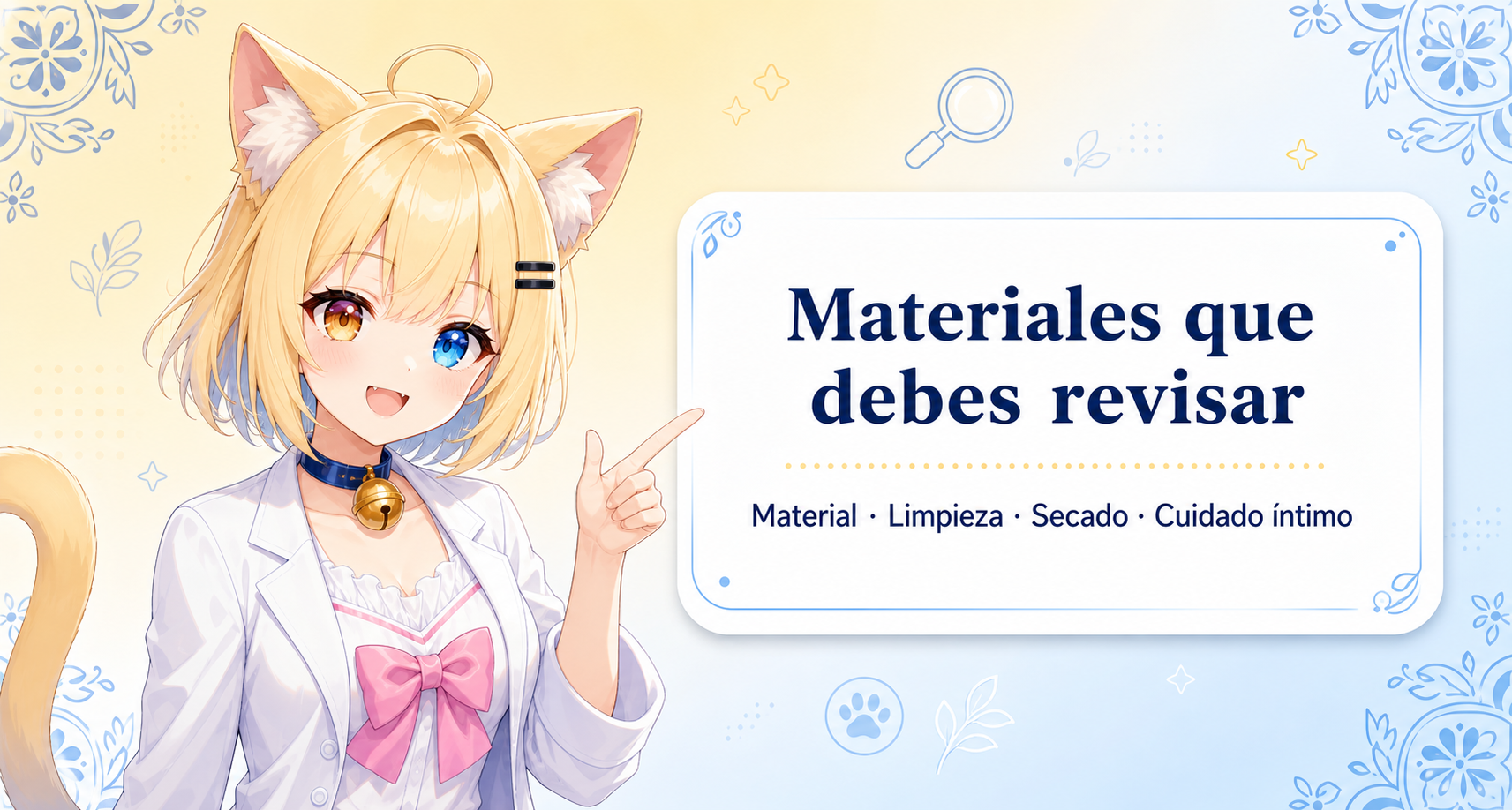 Chica anime con orejas de gato explica materiales, limpieza y cuidado íntimo.