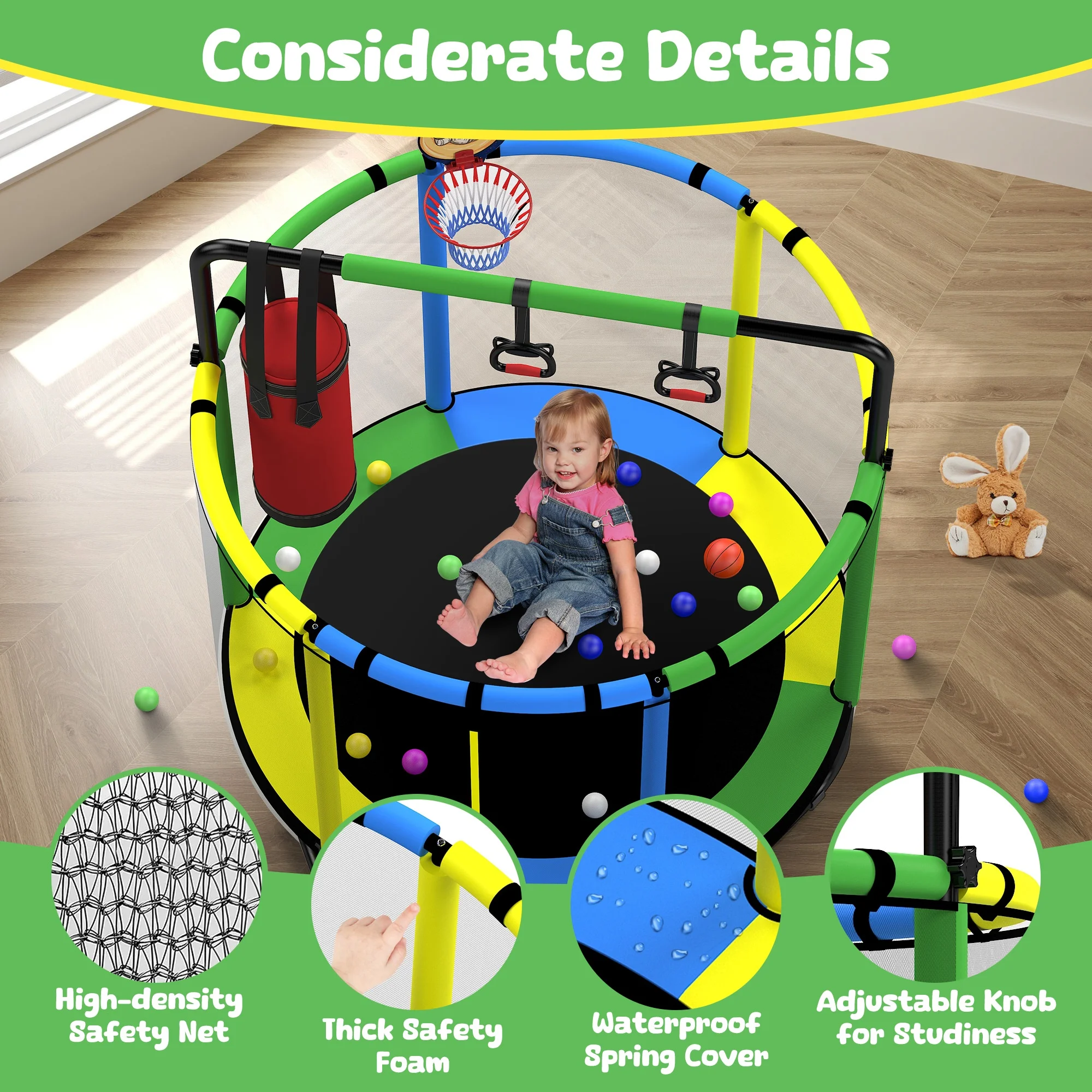 Mini Round Trampoline for Kids with Basketball Hoop, SEGMART 55'' Indoor Outdoor Toddler Trampoline with Enclosure Net, Swing, Sandbag, Ring, Ocean Balls, Small Trampoline Gift for Boys Girls, Blue - Image 26