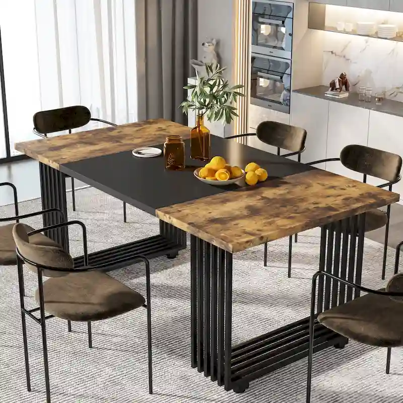 Modern Dining Table with Rectangular Top and Metal Base for 6 to 8 Seating