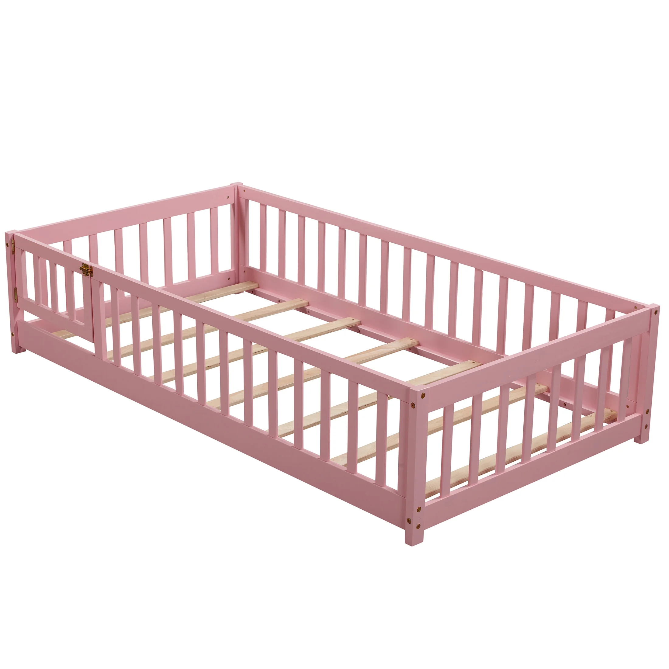 UHOMEPRO Twin Size Floor Bed with Door and Fence, Montessori Floor Bed with Slats and Safety Guardrails, Solid Wood Twin Bed Frame for Bedroom, White - Image 51
