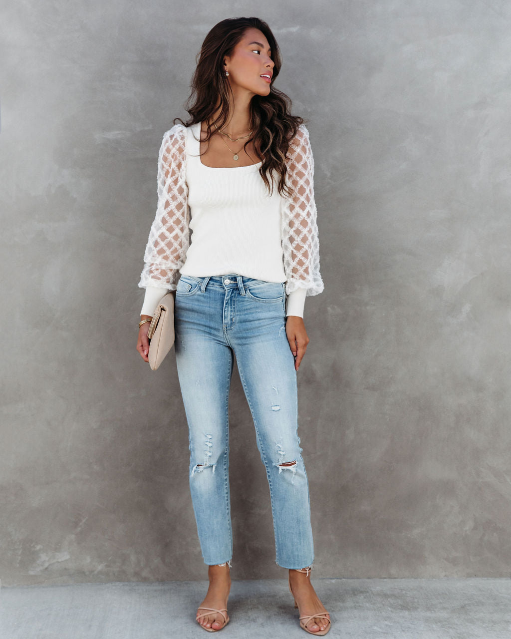 Super Fabulous Ribbed Tulle Contrast Top - Ivory - SALE - Se7enfashion