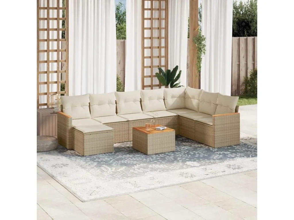 Set de sofás de jardín 9 pzas con cojines ratán sintético beige 52865jbnp