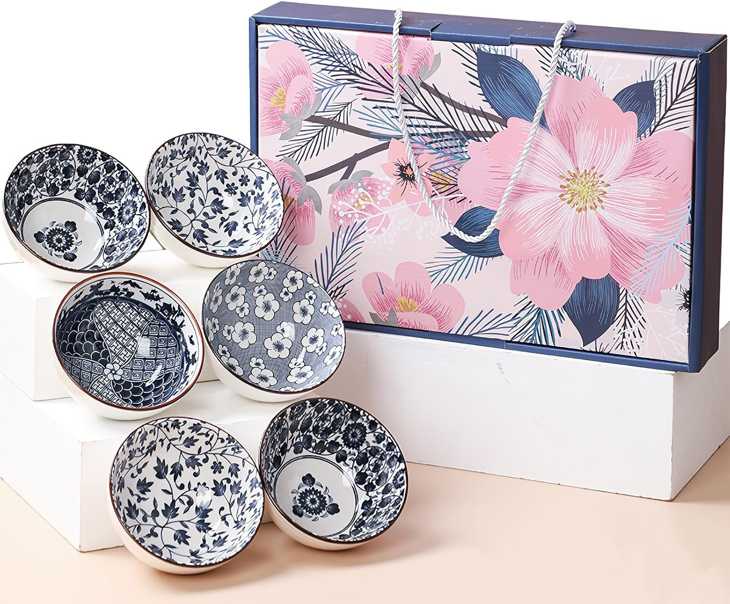 Rice Bowls 10oz, Japanese Style Bowls Set of 6 with Gift Box - Blue and White Ceramic Bowls for Soup, Dessert, Ice Cream, Snack - Kitchen Gifts for Women (Blue and White)