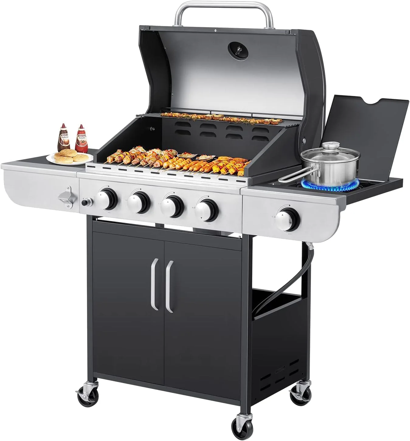Upgraded 4 Burner BBQ Propane Gas Grill with Cast Iron Grates & Side Stove, 44,000 BTU Stainless Steel Burner Barbecue Grill for Patio, Camping, Outdoor Cooking.
