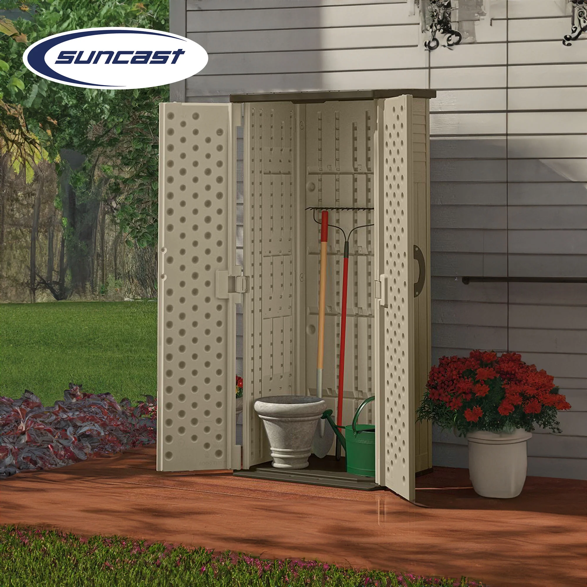Suncast 22 Cubic Feet All-Weather Vertical Tall Outdoor Storage Shed, Brown - Image 5