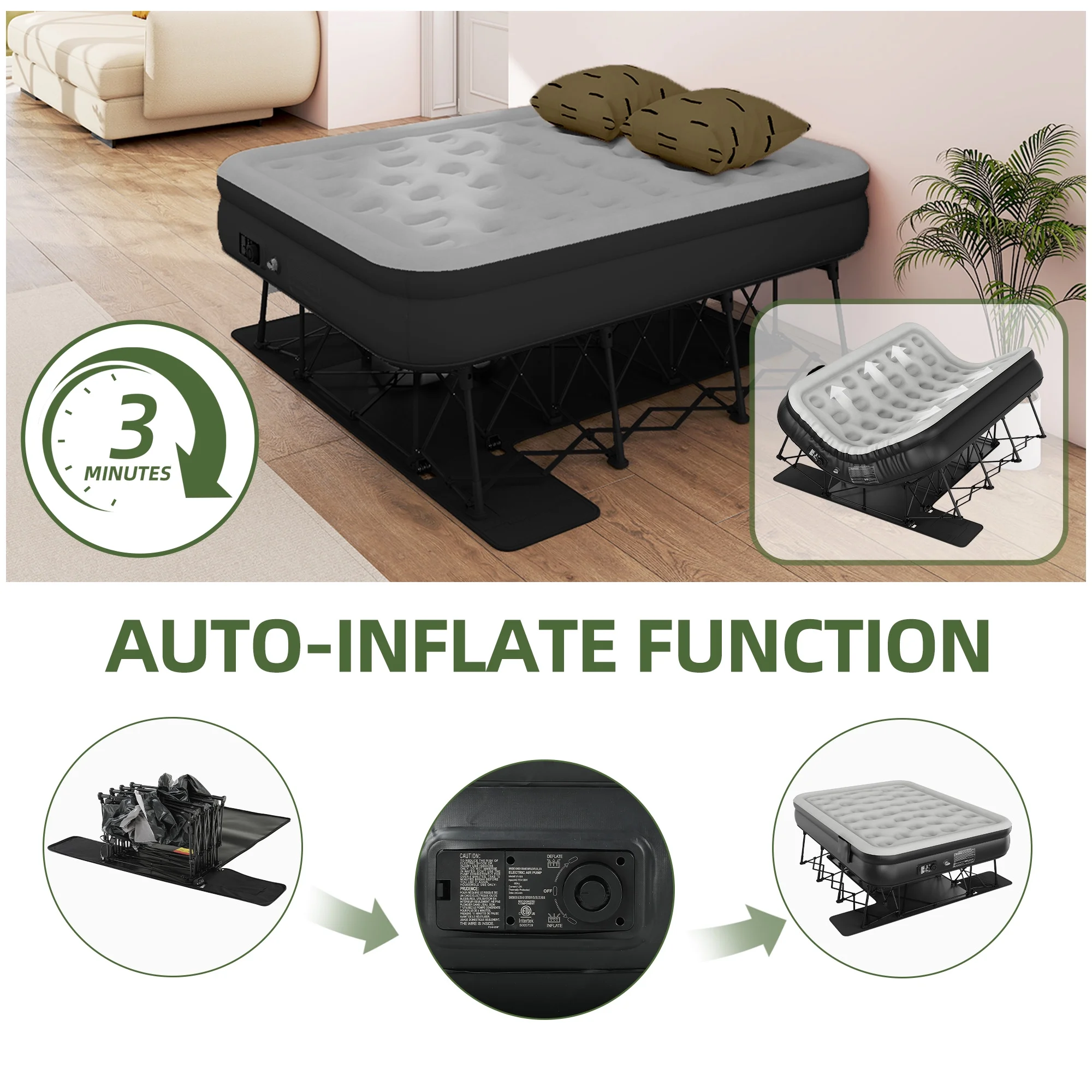 Uforic Inflatable Queen Air Mattress with Built-in Pump, Frame, Velvet Surface & Portable Storage Case, Khaki - Image 12
