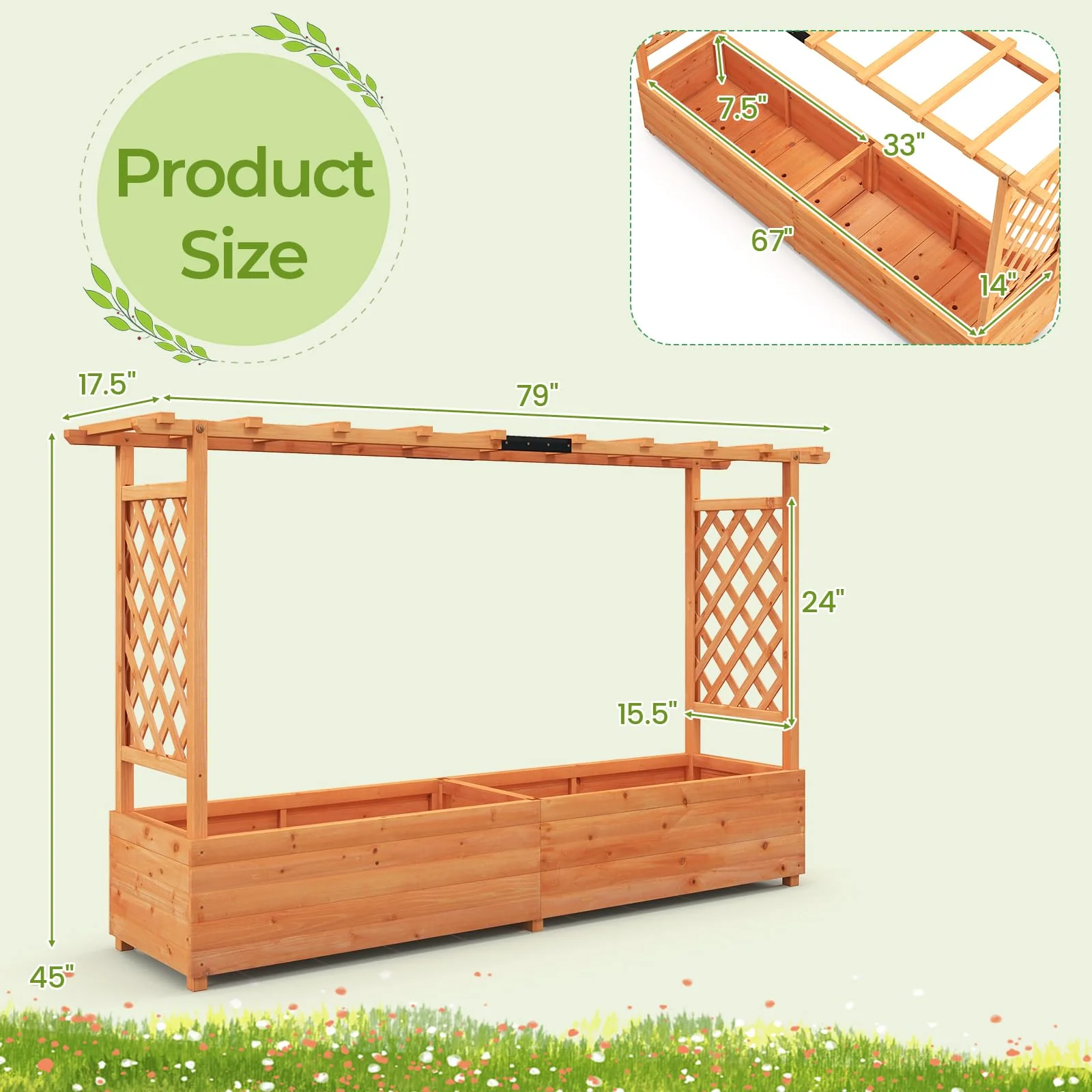 Eletriclife Fir Wood Raised Garden Bed with 2-Sided Trellis and Hanging Roof
