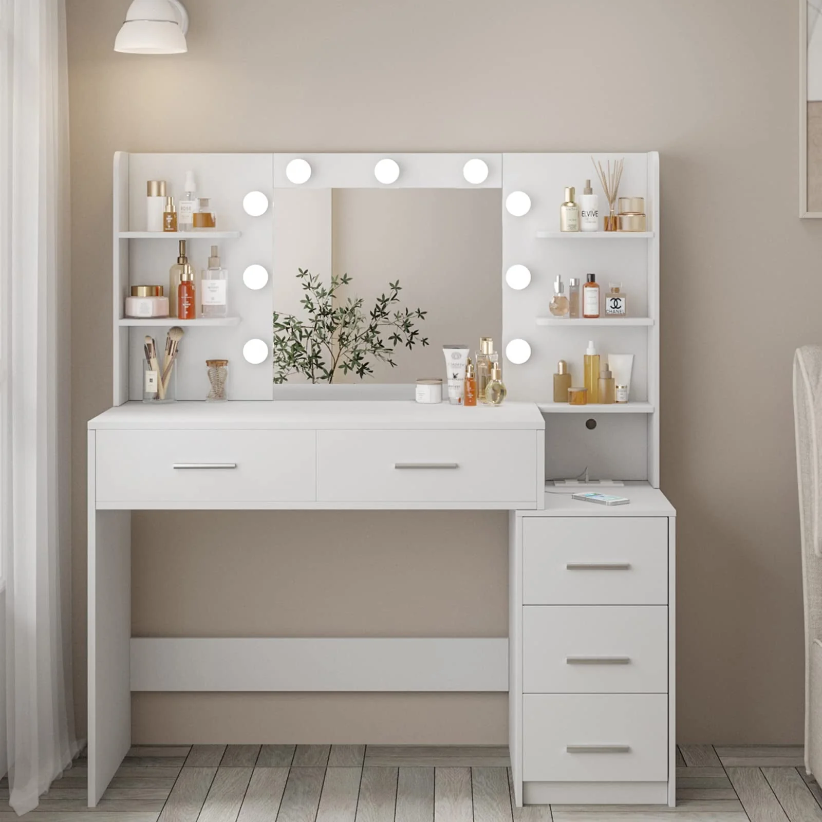 Makeup Vanity with Mirror and Lights,3 Lighting Colors,Bedroom Vanity Table with Charging Station,White Make Up Desk with 5 Drawers Storage and Open Shelves - Image 7