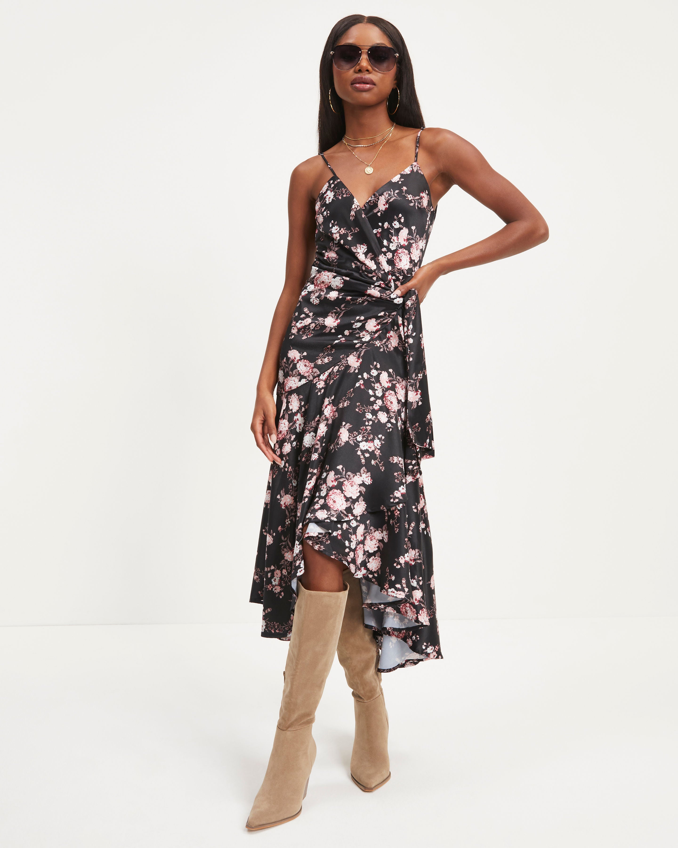 Yountville Satin Floral Wrap Midi Dress - Se7enfashion