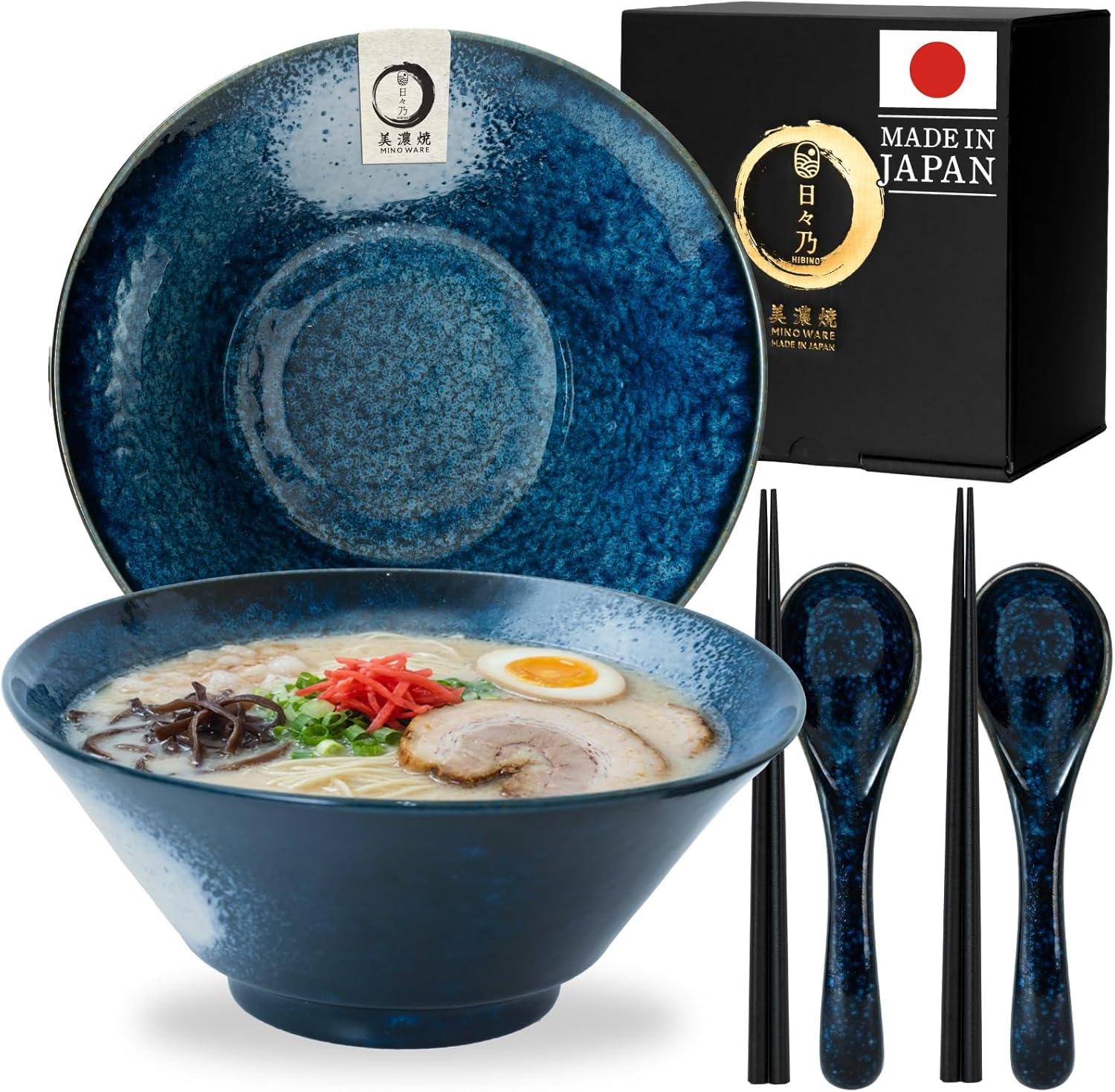 HIBINO Japanese Ramen Bowl Set of 2 | 44 oz Ceramic Ramen Bowls with Chopsticks & Spoons | Made in Japan Mino Ware | Microwave Safe Noodle & Soup Bowls | 6-Piece Dinnerware Set |「Kasumi Indigo」