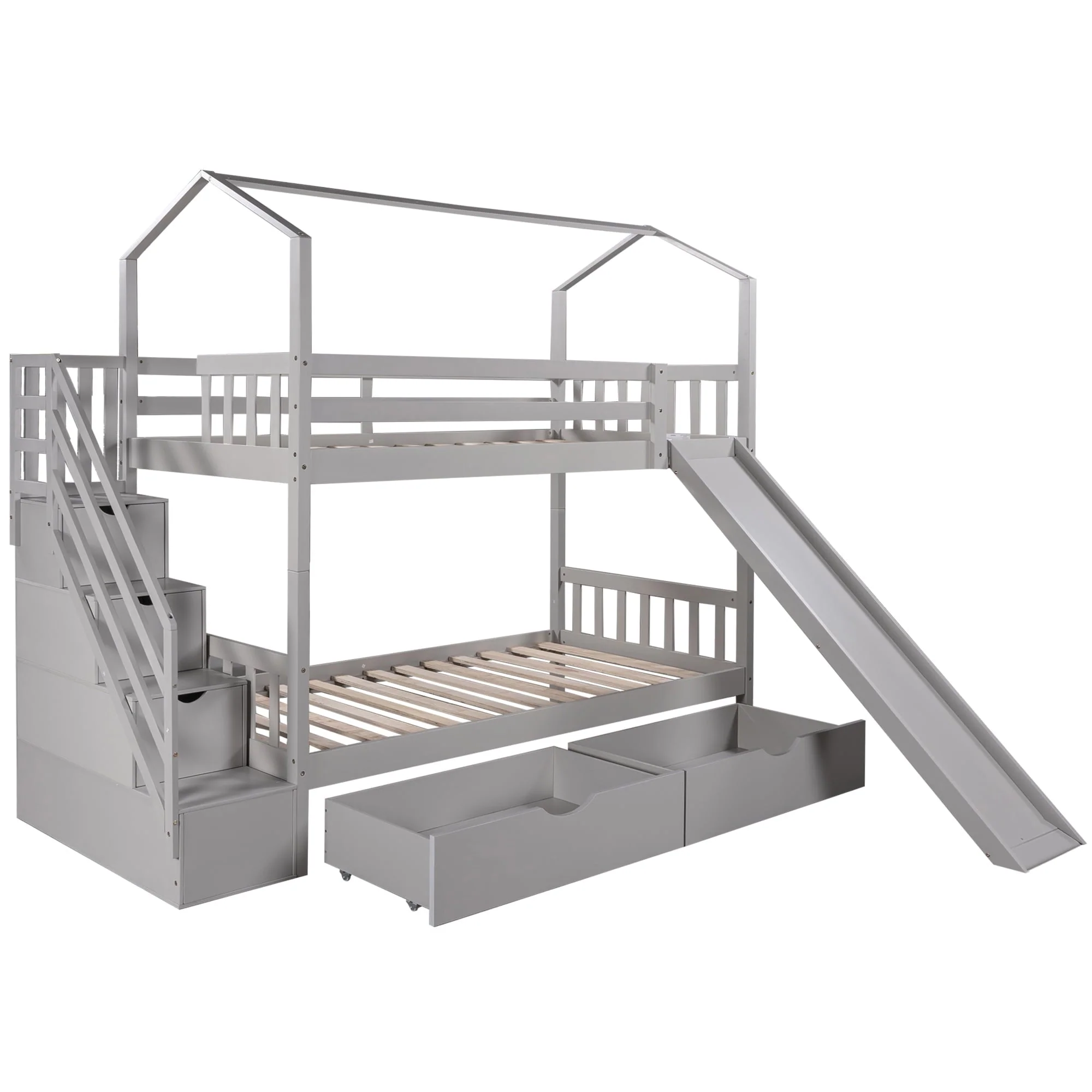 Bellemave Twin Over Twin House Bunk Bed with Slide and Stairs,Wooden Bunk Bed with Storage Drawers,Playhouse Bed for Kids,Teens(Gray) - Image 9