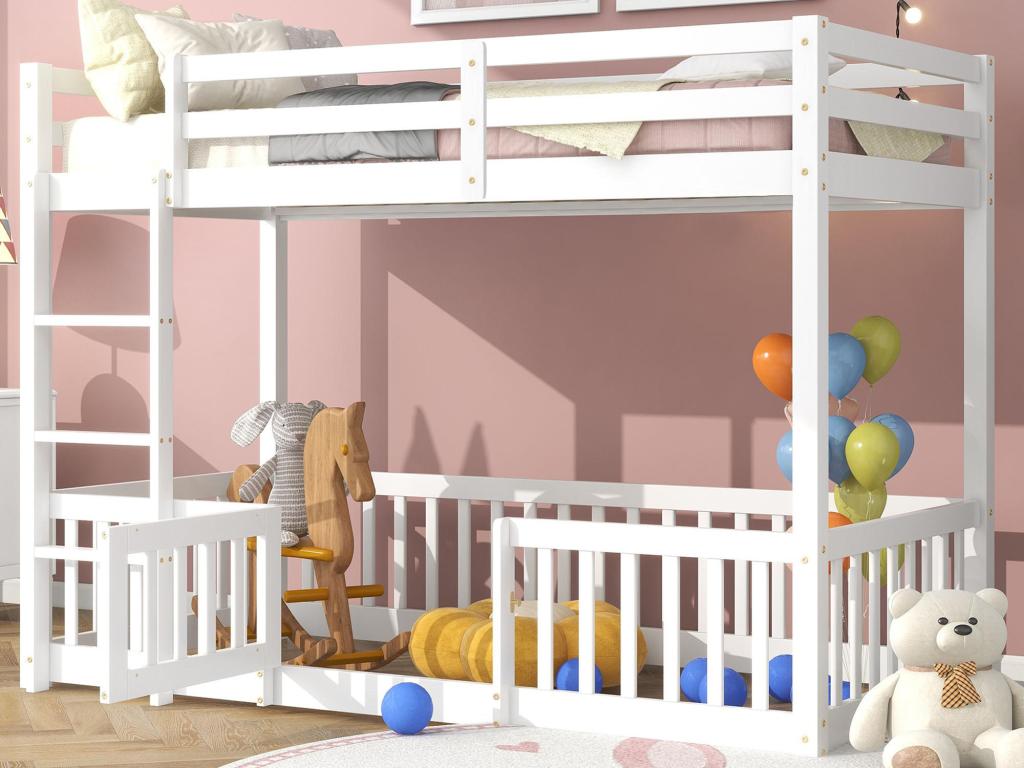 Litera de madera maciza - 90x200 cm - con barandillas de seguridad - Blanco