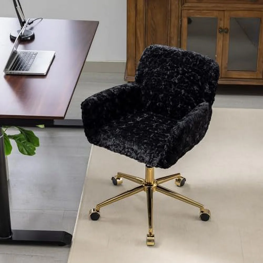Fluffy Desk Chair,Height Adjustable Vanity Chair with Wheels,Comfortable Faux Fur Desk Chair with goldenn Base, Arm Chair for Bedroom,Living Room,Vanity,Office - Image 10