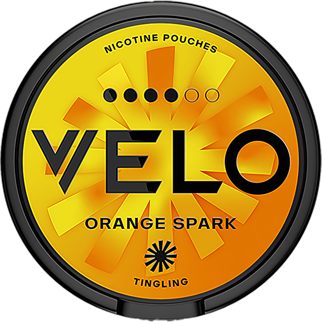 VELO Orange Spark 11mg nicotine pouches — Slim Moist can with 20 strong orange-fizz pouches