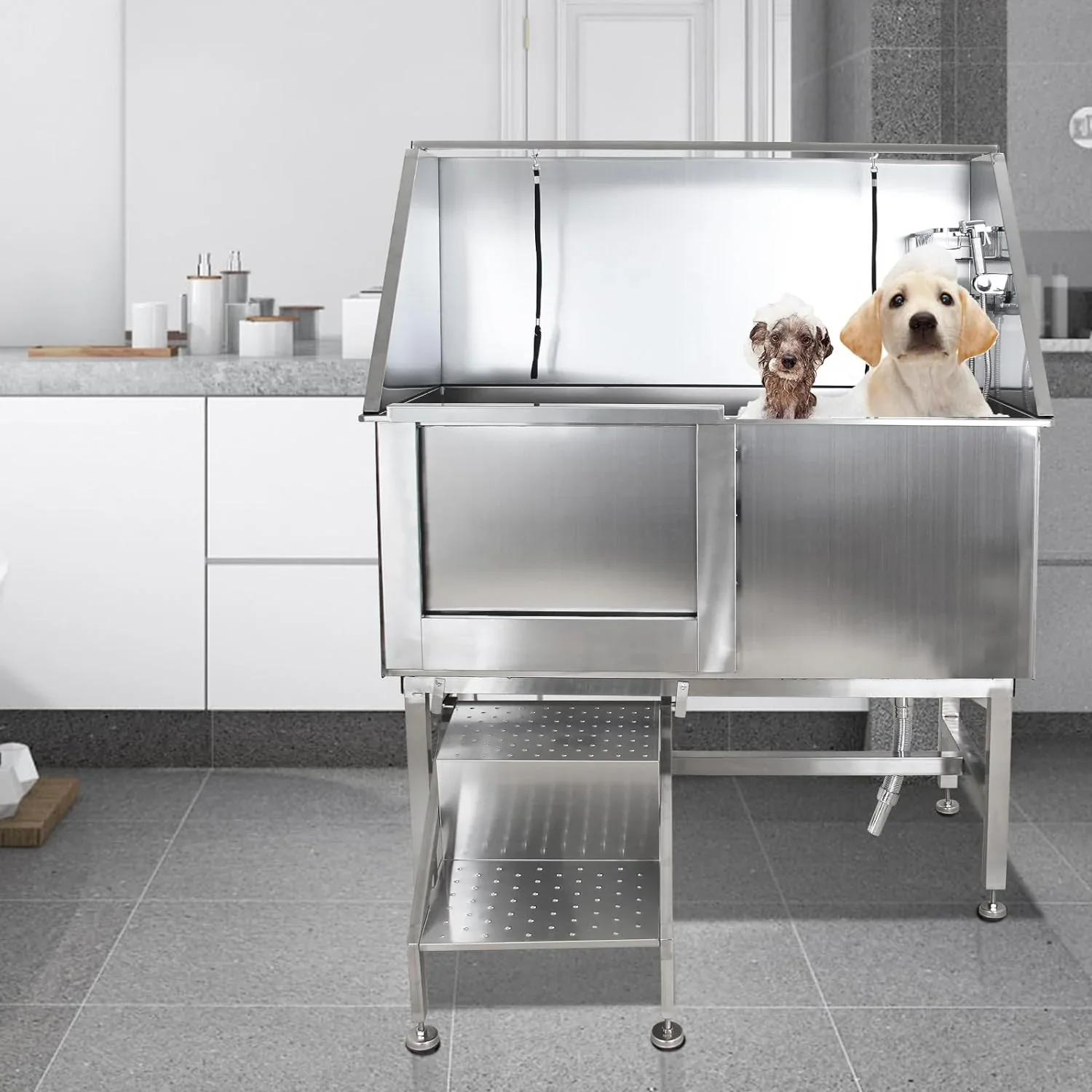 Professional Stainless Steel Dog Grooming Tub with Ramp, Faucet & Sprayer – 50” Pet Wash Station