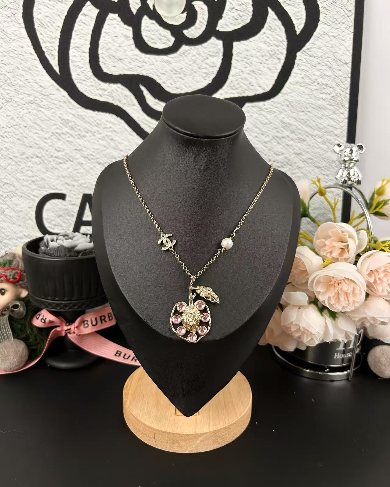 Chanel Pink Rhinestone Peach Pendant Necklace - Original Replica Club