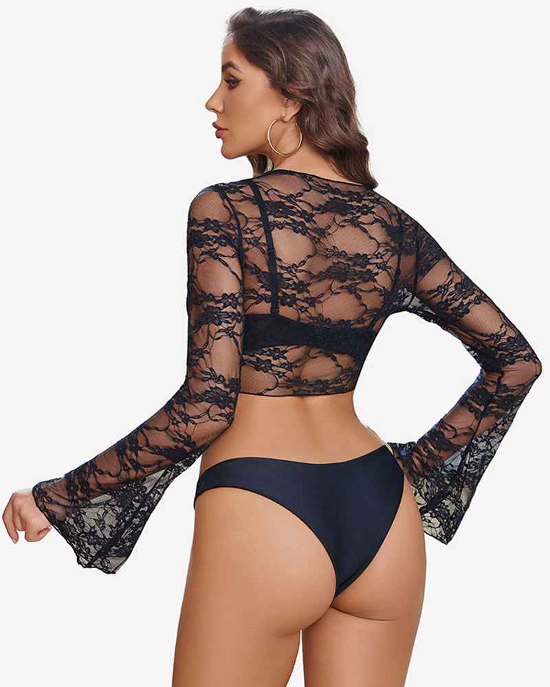 Crop Lace Shrug Bell Sleeve Tie Front Top
