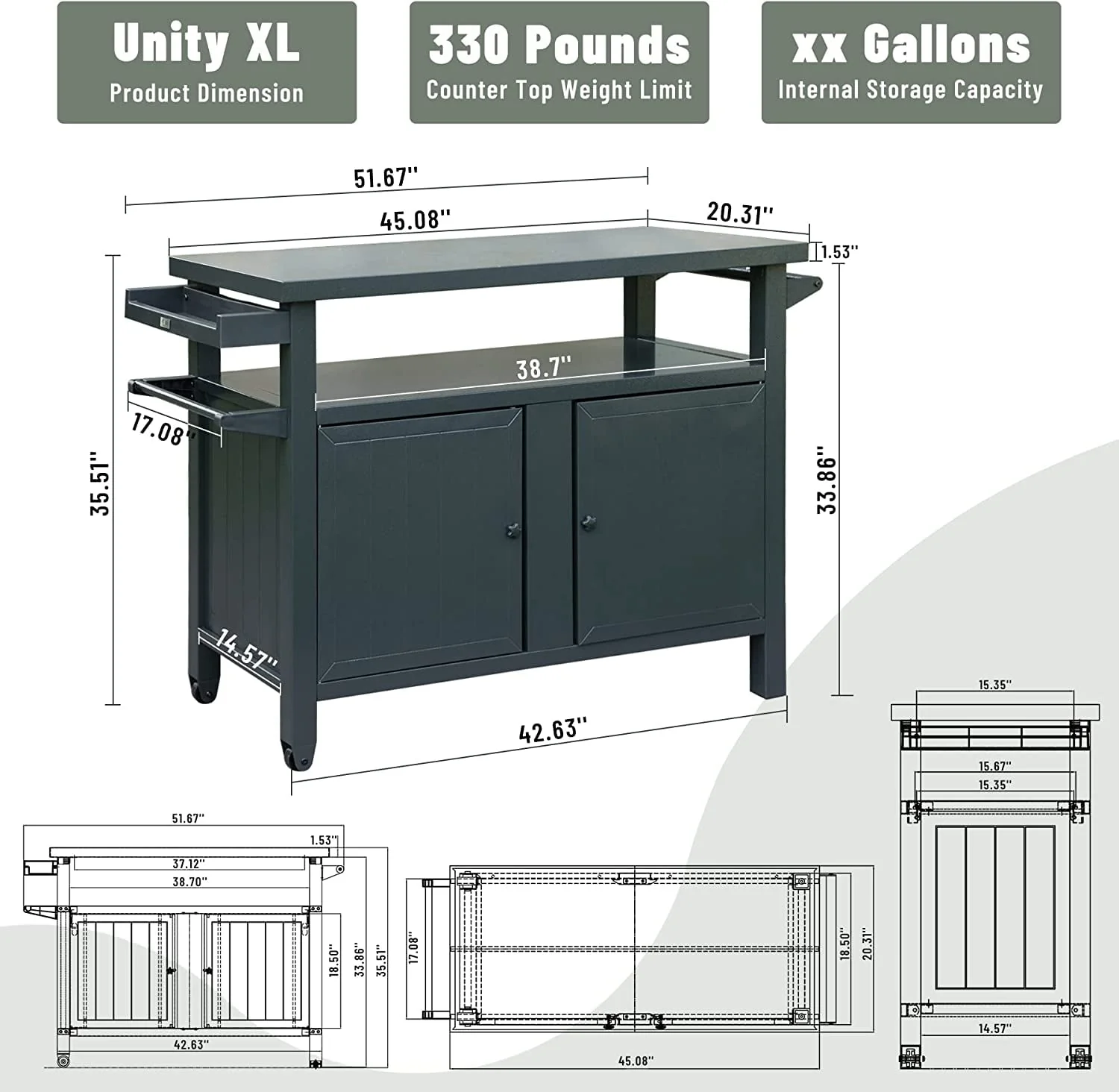 Domi Grill Carts Outdoor with Storage and Wheels, Whole Metal Portable Table and Storage Cabinet for BBQ,Deck,Patio,Backyard(Dark Grey,L45x W20.31x H35.51 Inch) - Image 3