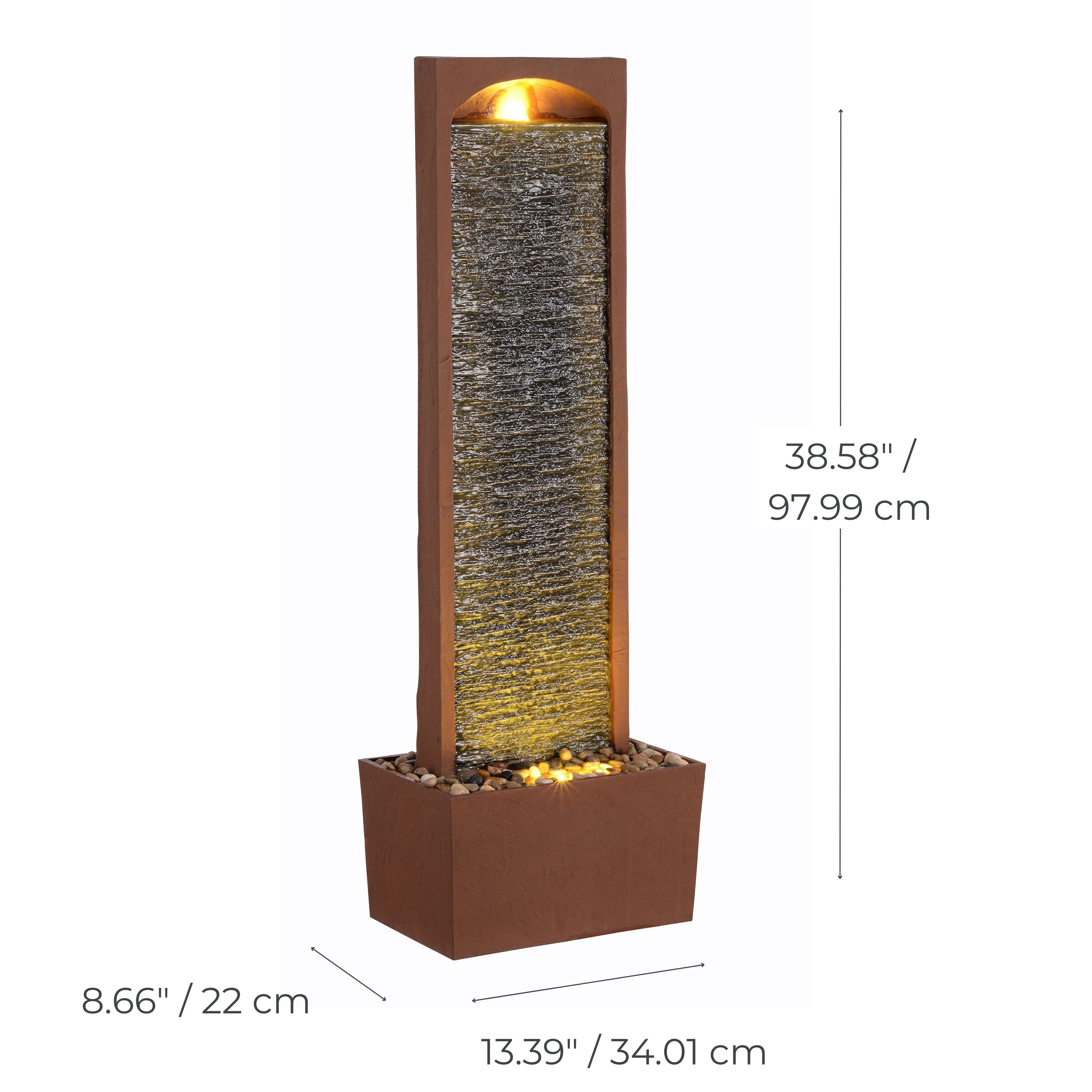 Teamson Home 38.5" Faux Slate Contemporary Outdoor LED Waterfall Fountain with Pebble Base, Red Rock - Image 2
