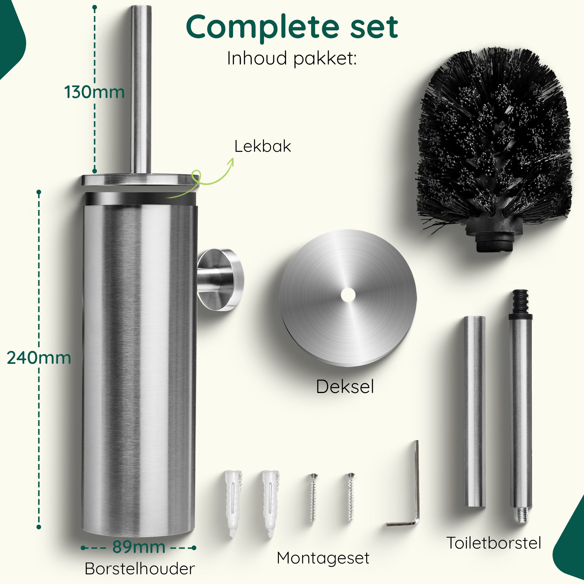 XIVADA Toiletborstel Mura - Met houder - Boren - Rvs - Zilver