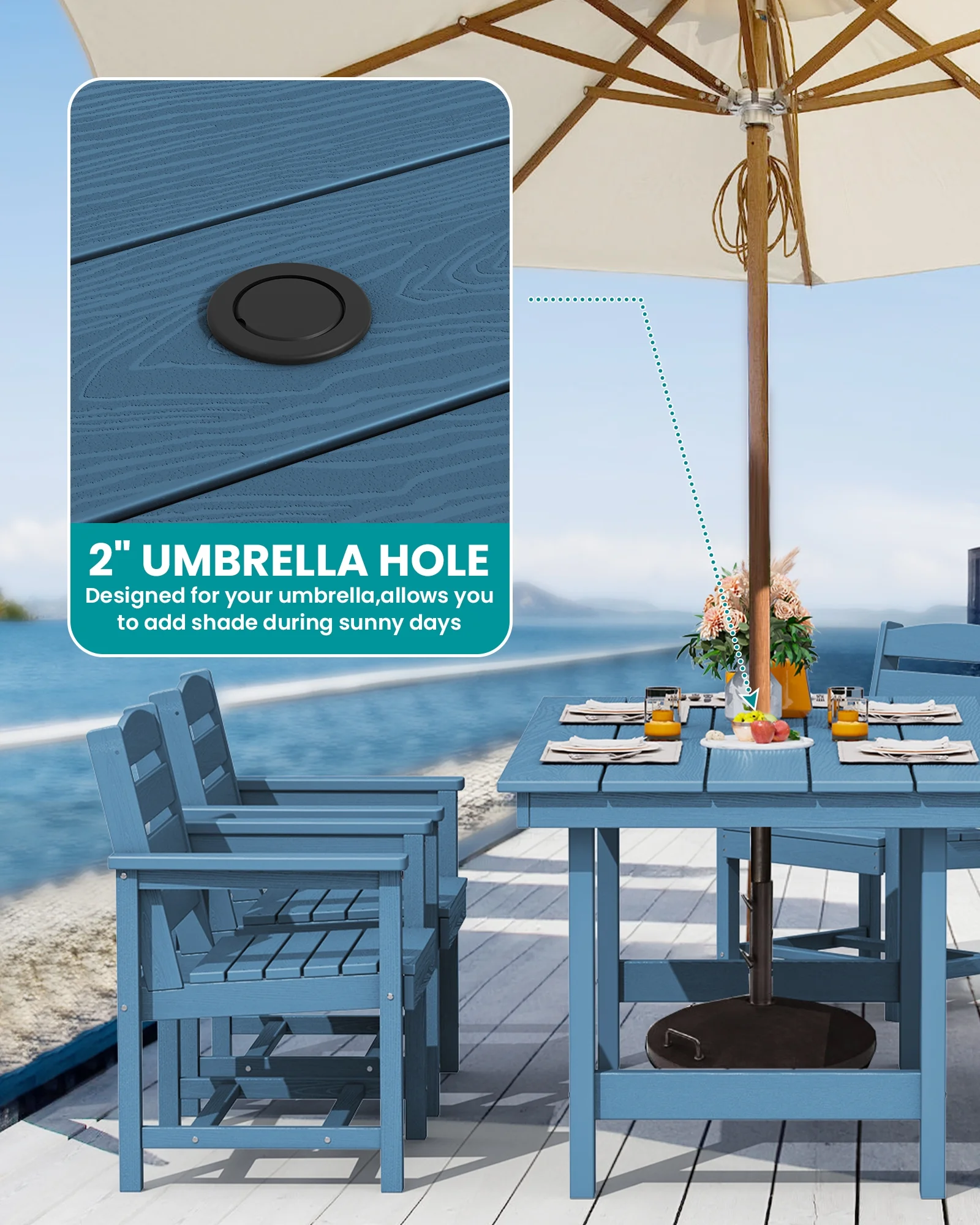 SERWALL Outdoor HDPE Dining Table Set, 7-Piece Outdoor Dining Table Sets with Umbrella Hole, Grey - Image 51