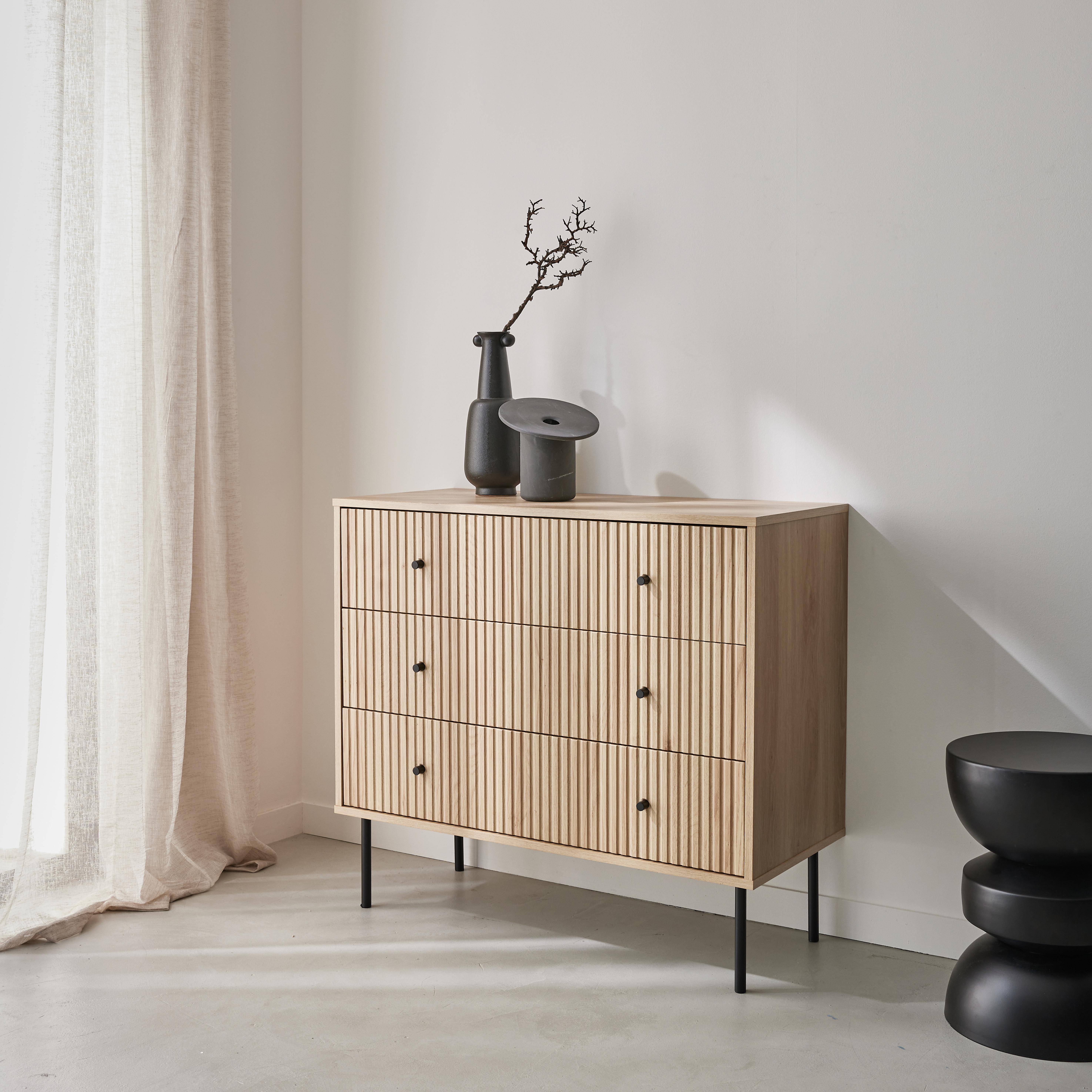Braga - Cómoda con decoración de madera acanalada, 3 cajones