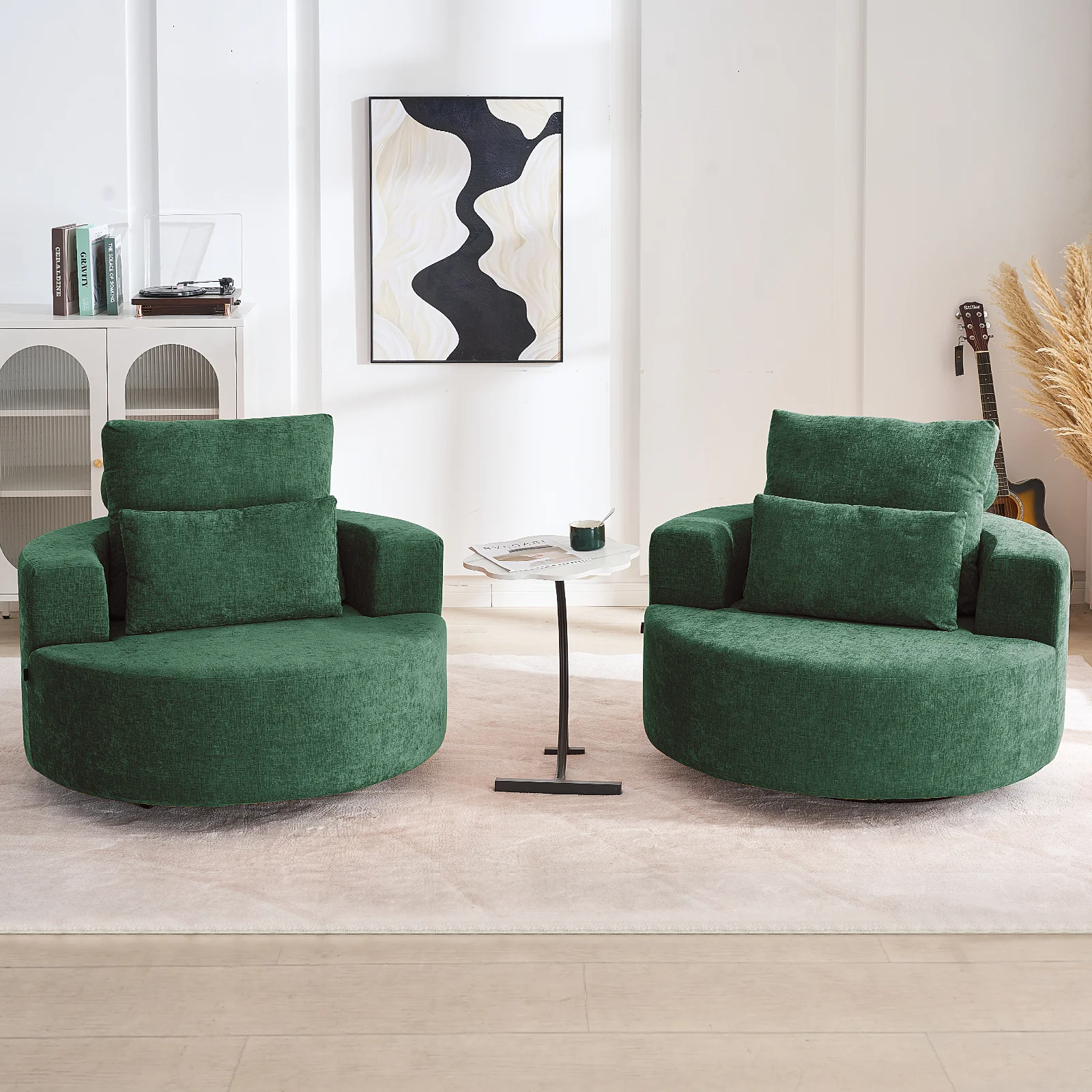 Fumahaus Upholstered Swivel Accent Chair, Oversized Comfy Round Sofa Chair with Two Pillows, Leisure Sofa Chair for Living Room Bedroom, Beige - Image 36