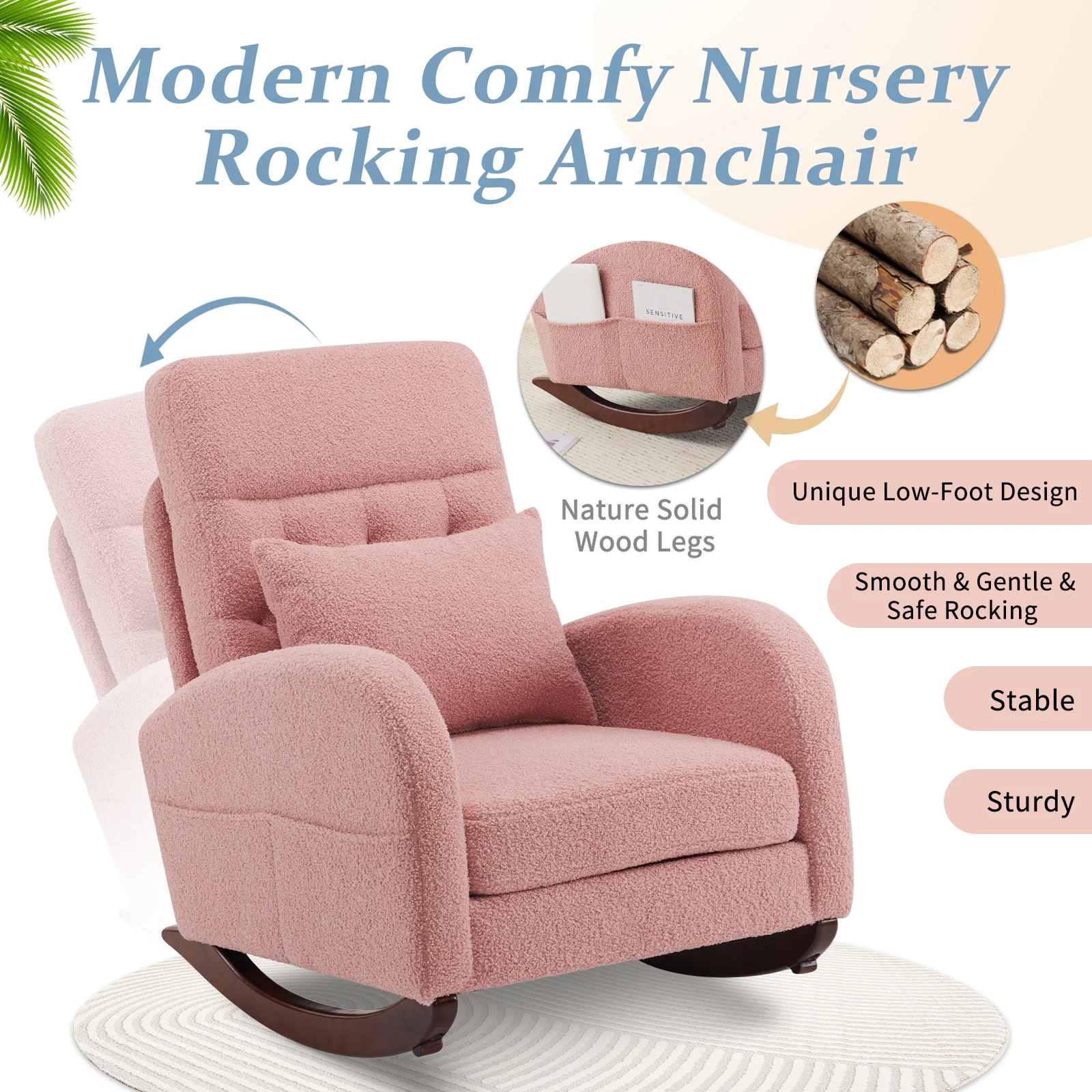 Ktaxon Rocking Accent Chair Glider Reading Chair Comfy Teddy Velvet Upholstered Single Sofa Rocker for Living Room, Nursery, Bedroom Beige - Image 60