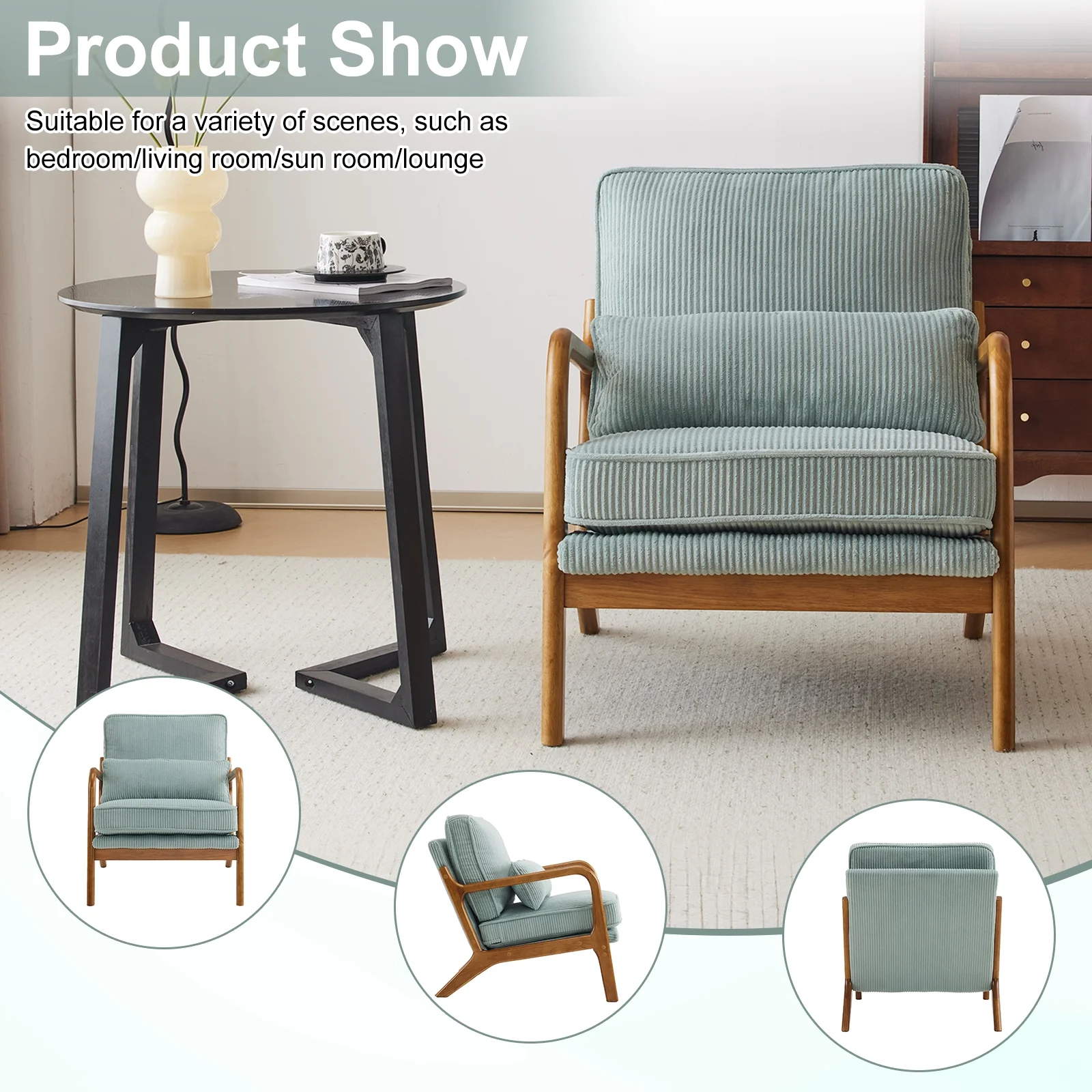 Ktaxon Accent Chair Corduroy Upholstered Armchair, Reading Club Chair with Pillow and Solid Wood Frame for Living Room Bedroom Furniture Off White - Image 167
