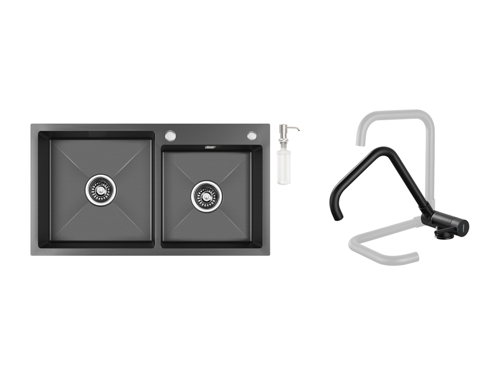 2en1 Fregadero de Cocina 2 Contenedores,75x45x19cm,Empotrado/para Colocar con Dispensador Jabón+Mezclador CuIsine Plegable Girante 360°, Negro