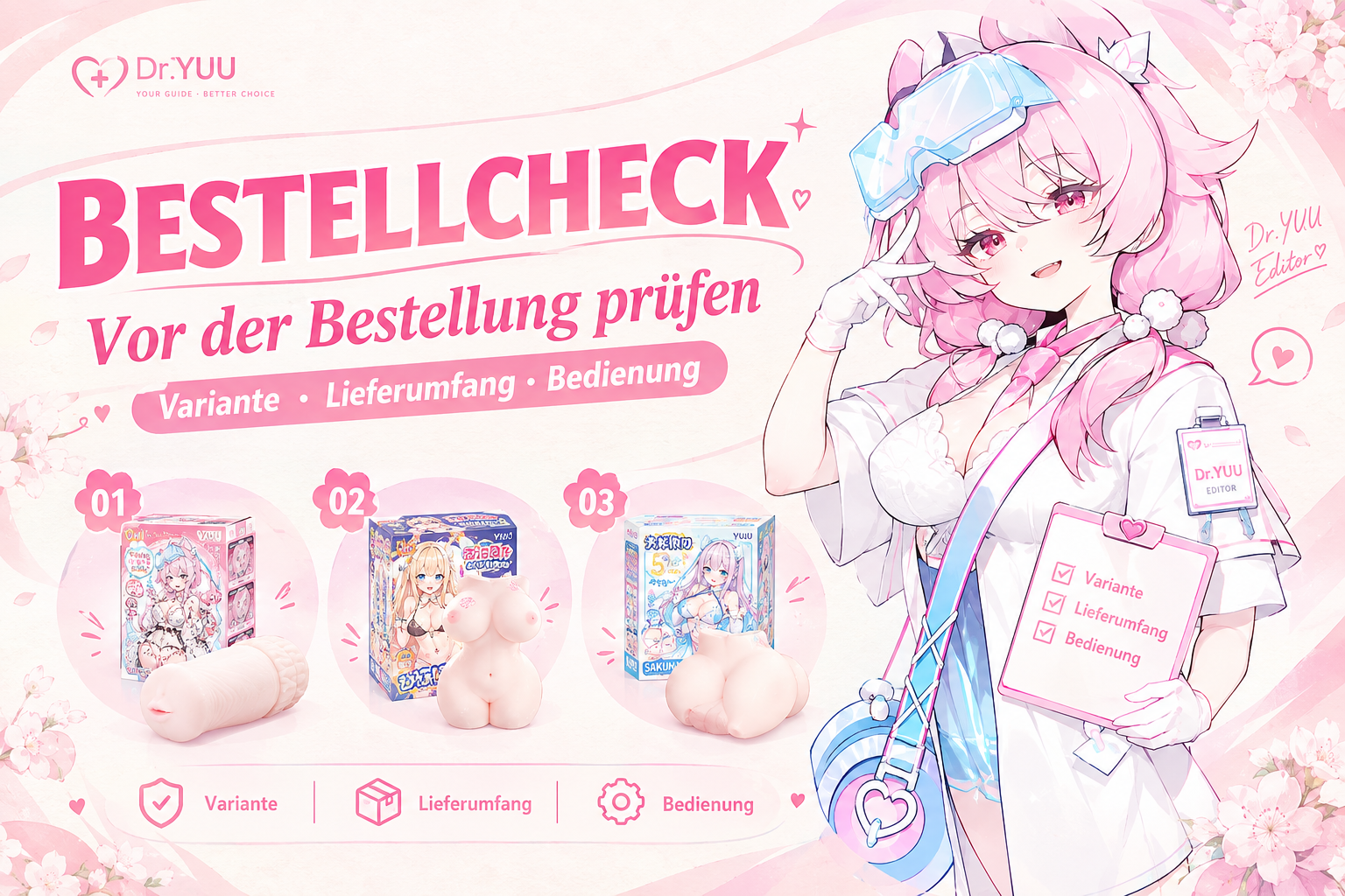 Rosa-weiße Dr.YUU-Kaufberatung mit drei Masturbator-Modellen, einer erwachsenen Redakteurin und einer Checkliste zu Variante, Lieferumfang und Bedienung
