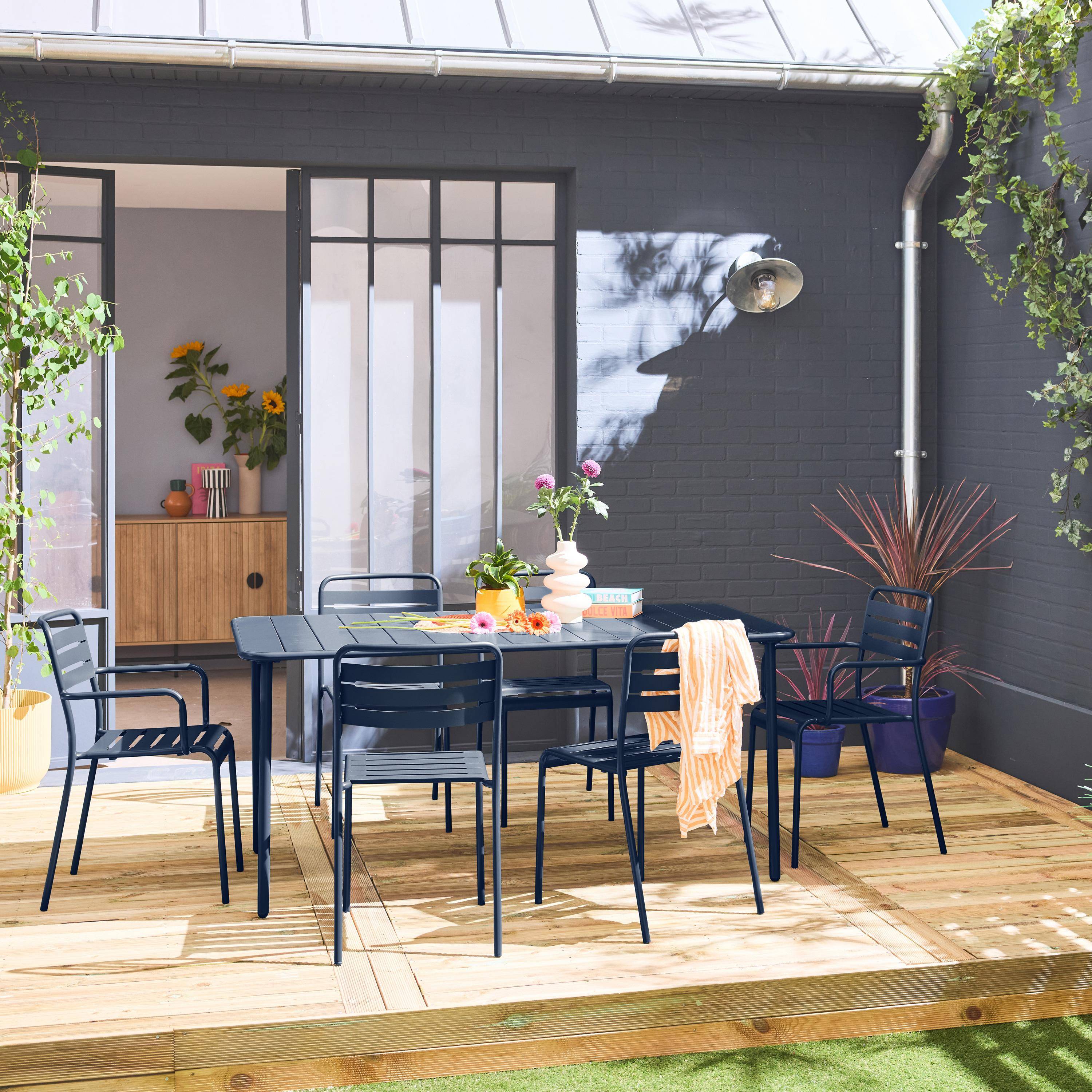 Amelia - Set mesa de jardín bistró de acero con 2 sillones y 4 sillas, 160cm