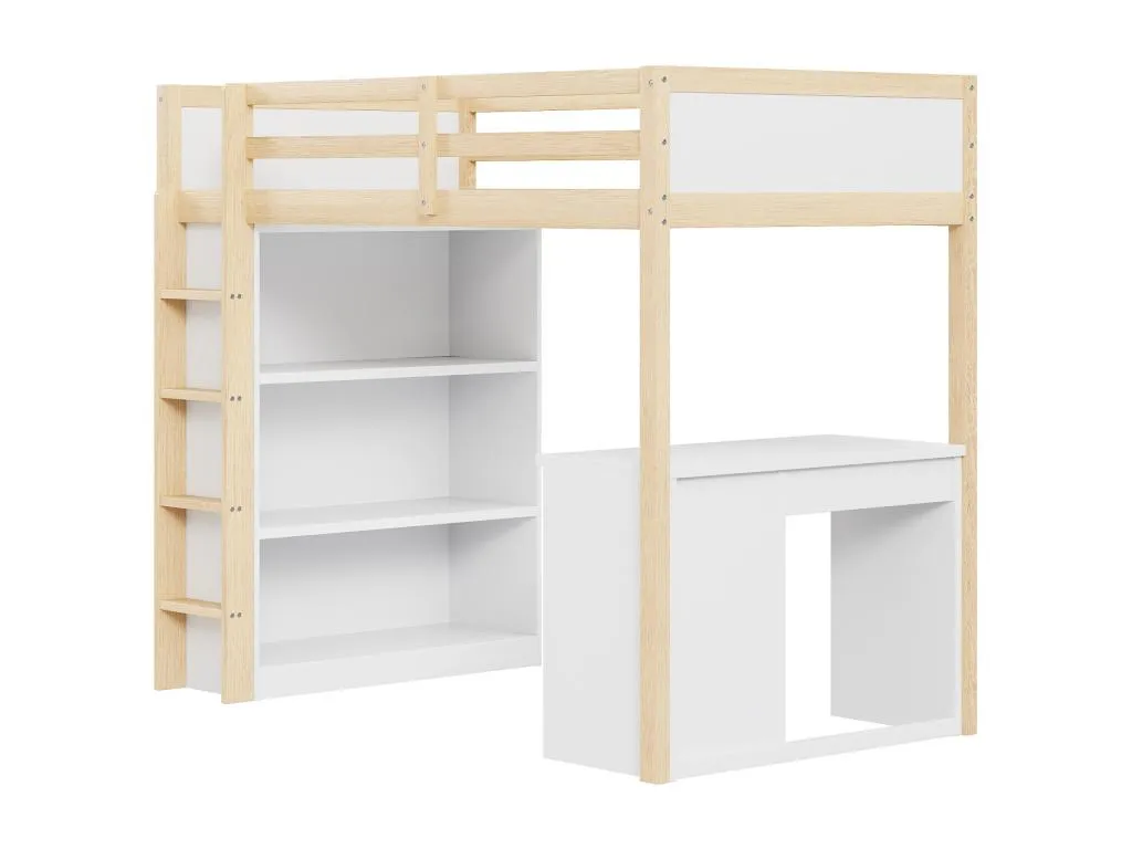 Cama alta de 90 x 200 cm con armarios de almacenamiento y mesa para ordenador, cama alta multifuncional para niños en madera natural bow3567118