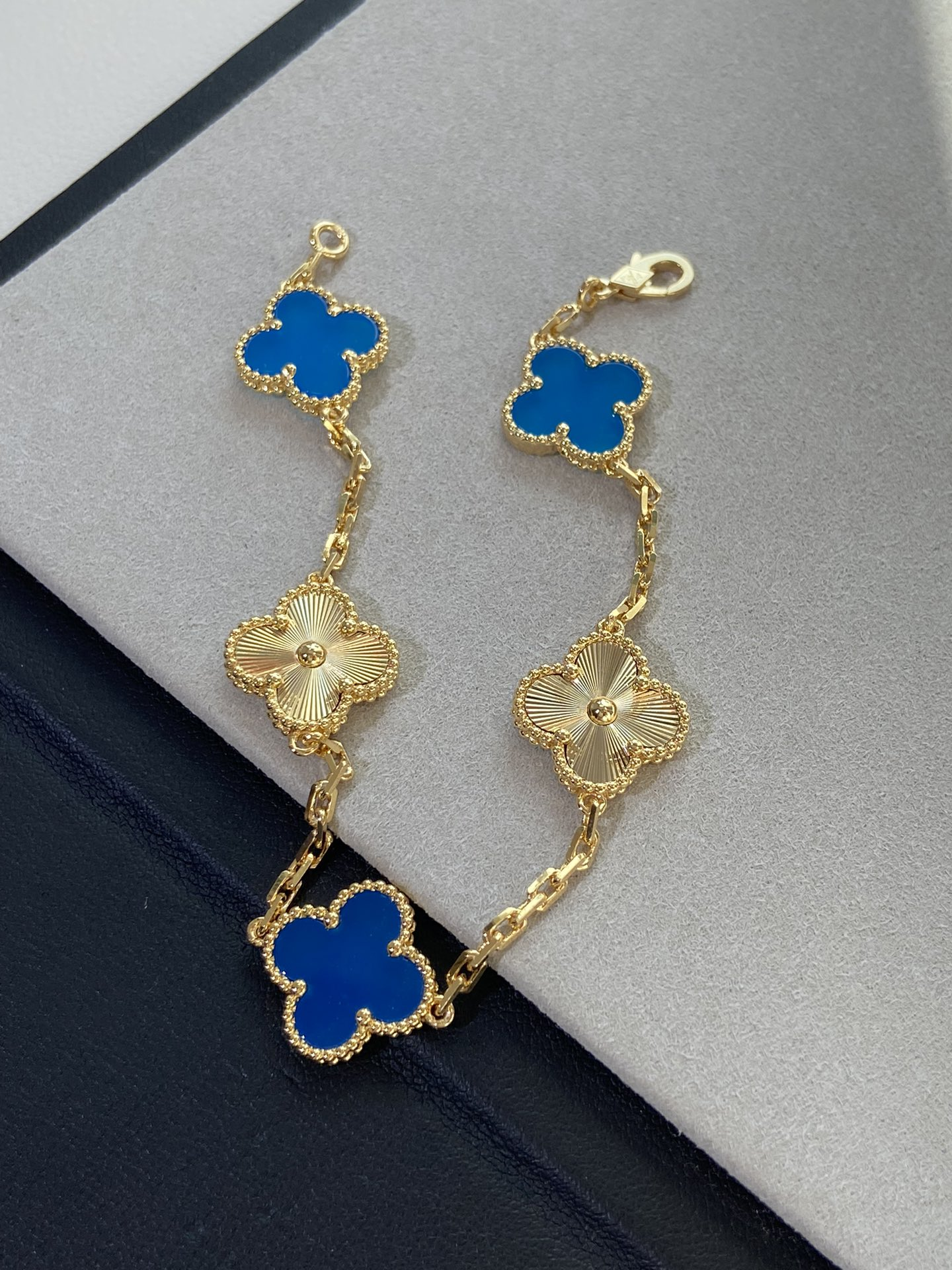 VCA Blue Agate and Gold Guilloche Clover Vintage Alhambra Bracelet 5 Motifs - Original Replica Club