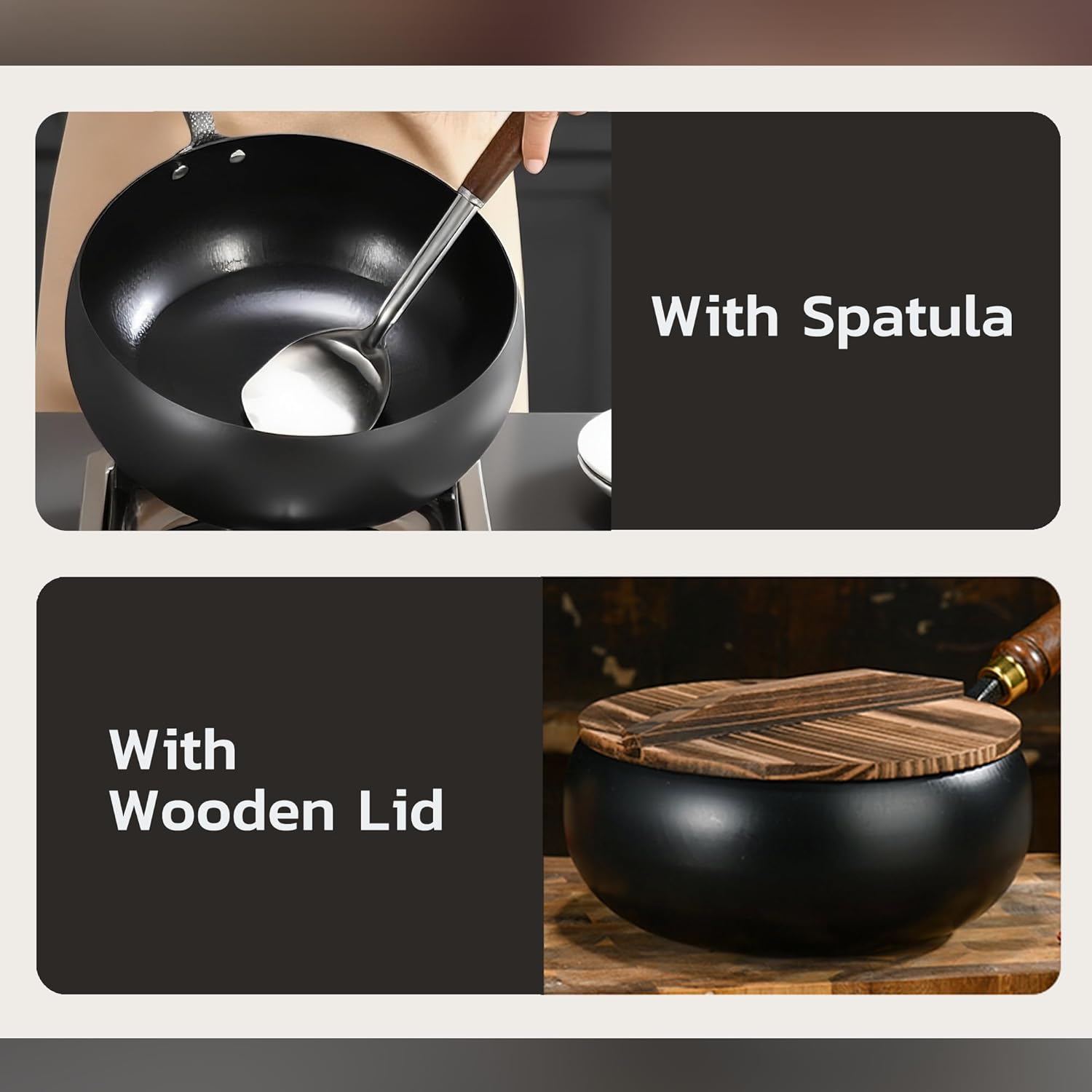 MACTANO Uncoated Iron Pan, Nonstick Wok Hand Forged Iron Pan with Lid Stir Fry Wok Skillet for Cooking - 9.44IN
