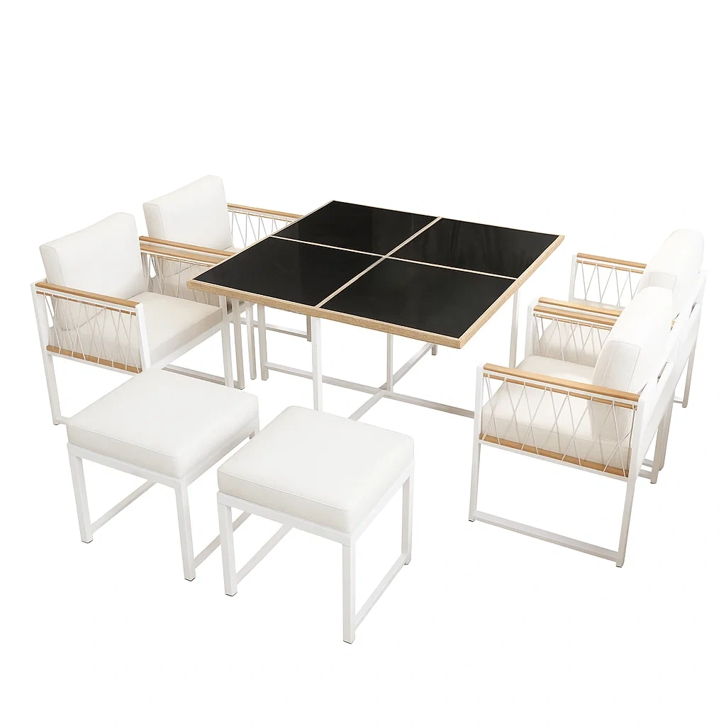Conjunto de comedor de jardín para 6 personas,Mesa cuadrada con tablero negro y sillas acolchadas con estructura blanca - skfKmhJ200aN