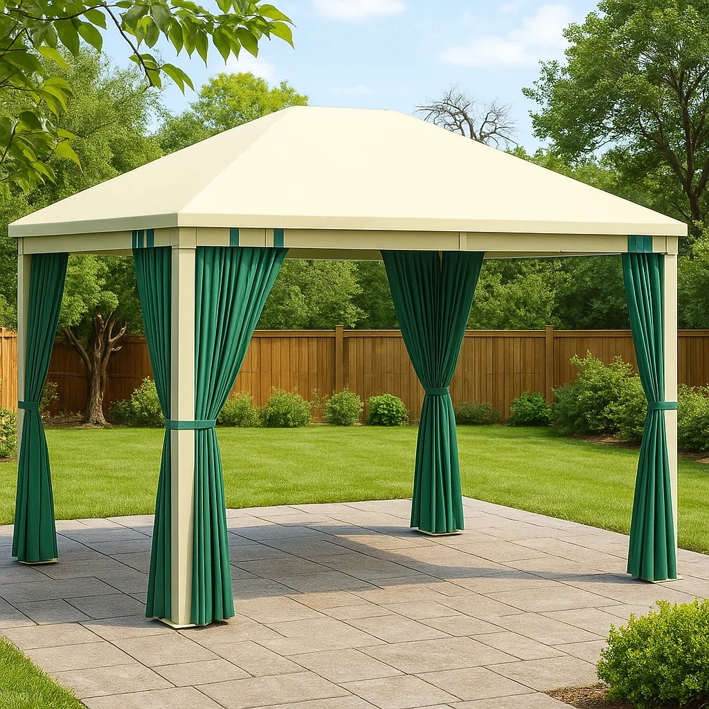 Pérgola con cortinas 3x3m beige con cortinas verdes estructura metálica para jardín - LHXovOx157SD