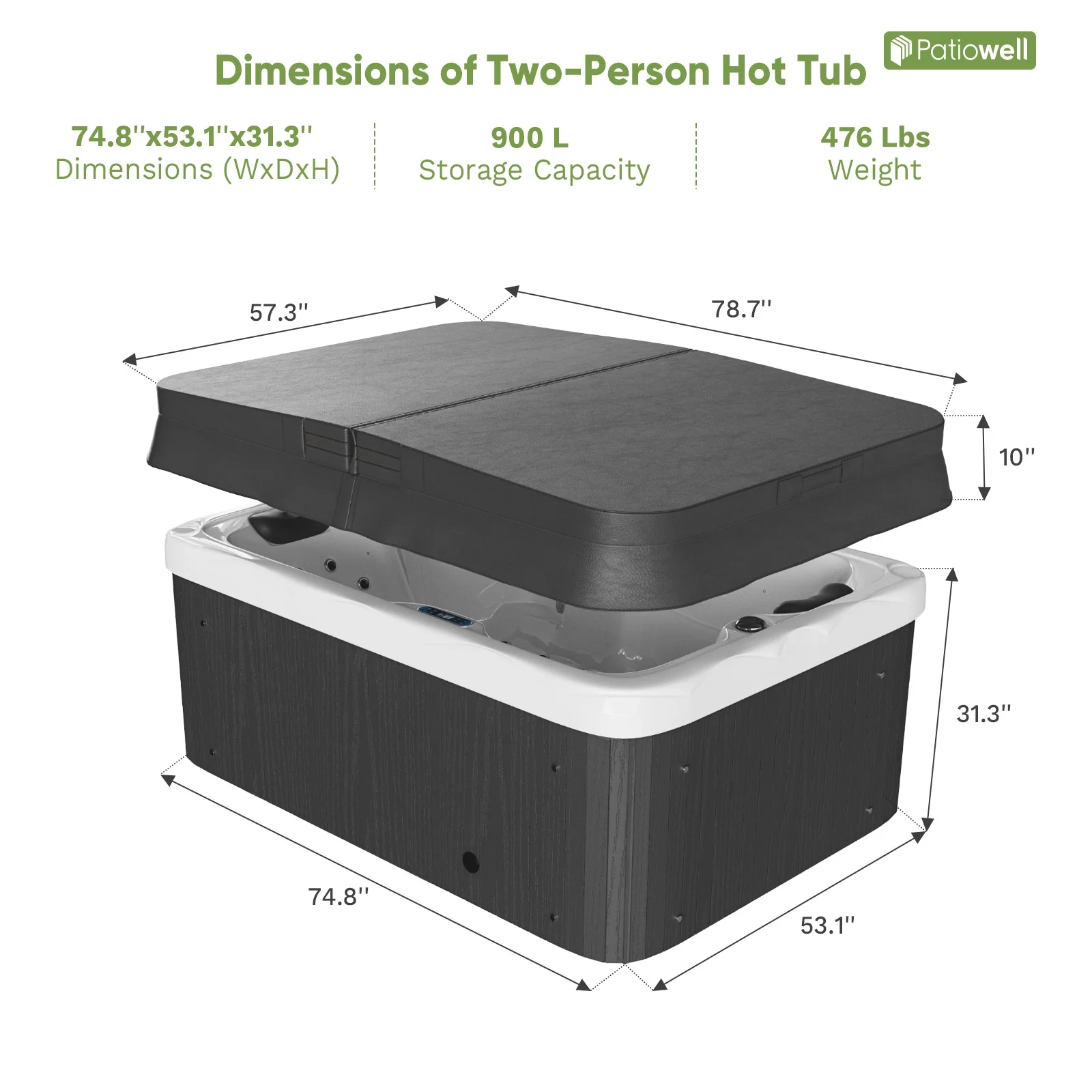Patiowell 2 Person Home Spa Hot Tub for Outdoor, with 41pcs Massage Jets, LED lighting, Built-In Water Purification System, 900L, Black - Image 9