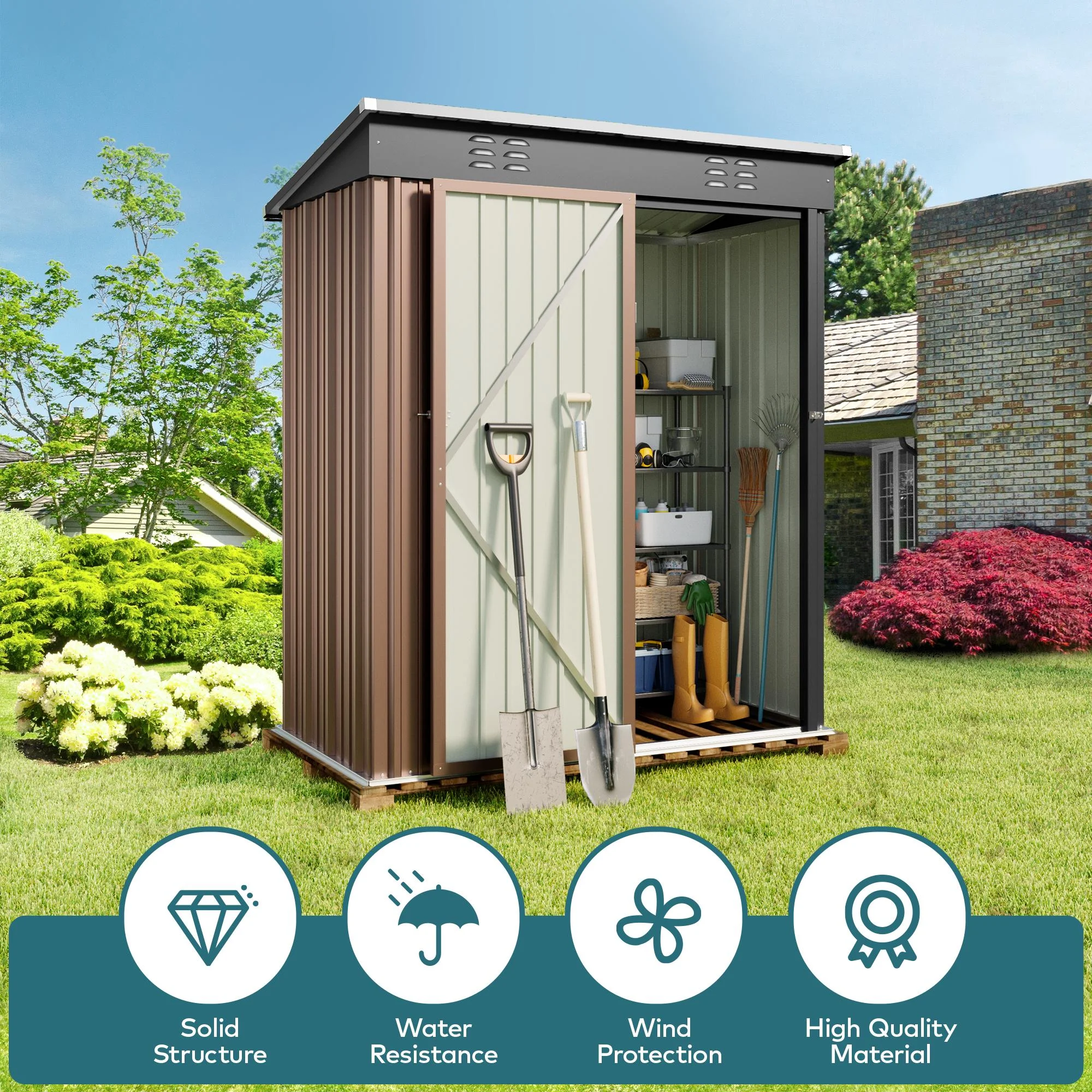 5' x 3' Outdoor Storage Shed, Metal Outdoor Storage Cabinet with Single Lockable Door, Waterproof Tool Shed,Gray - Image 18