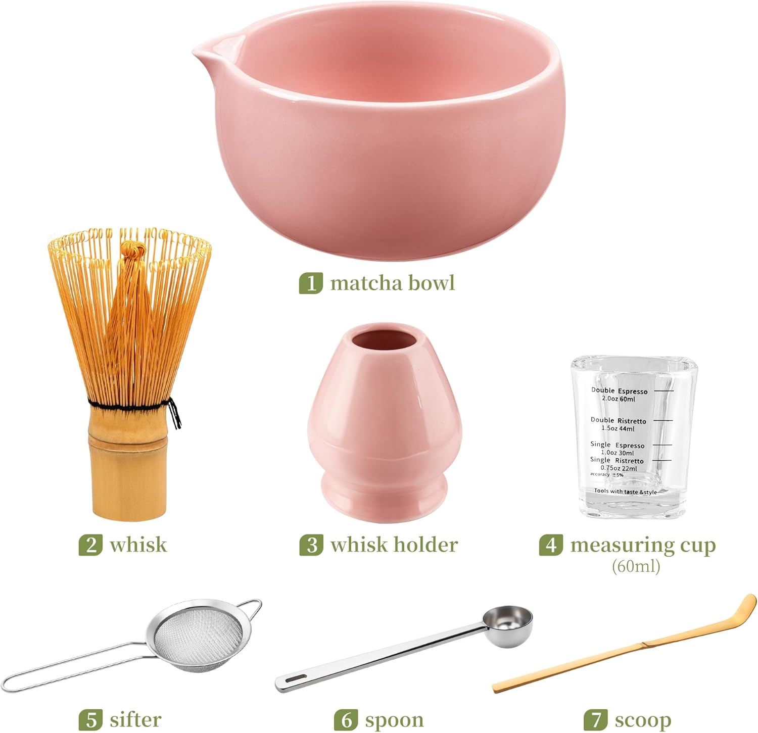 YIBO Matcha Whisk Set Pink, Handcrafted Bamboo Chasen & Ceramic Bowl Matcha Kit, Holder, Stainless Steel Sifter, Scoop Measuring Spoon & Cup Tools for Matcha Tea Ceremony