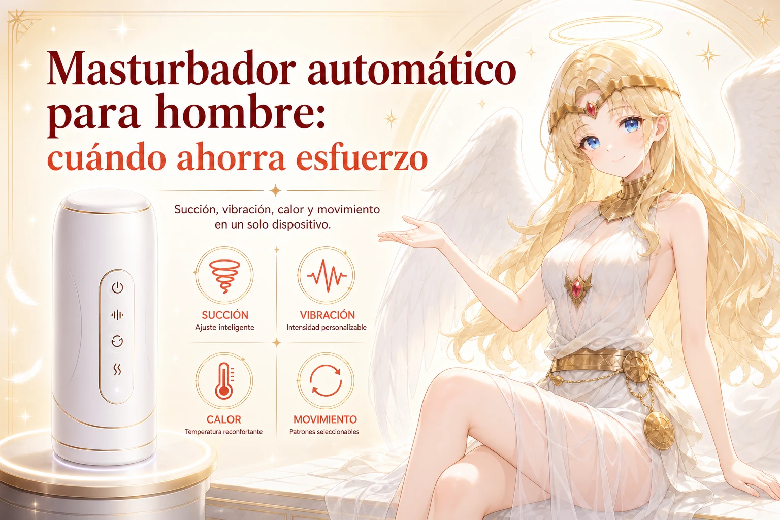 Masturbador masculino automático con iconos de succión, vibración, calor y movimiento