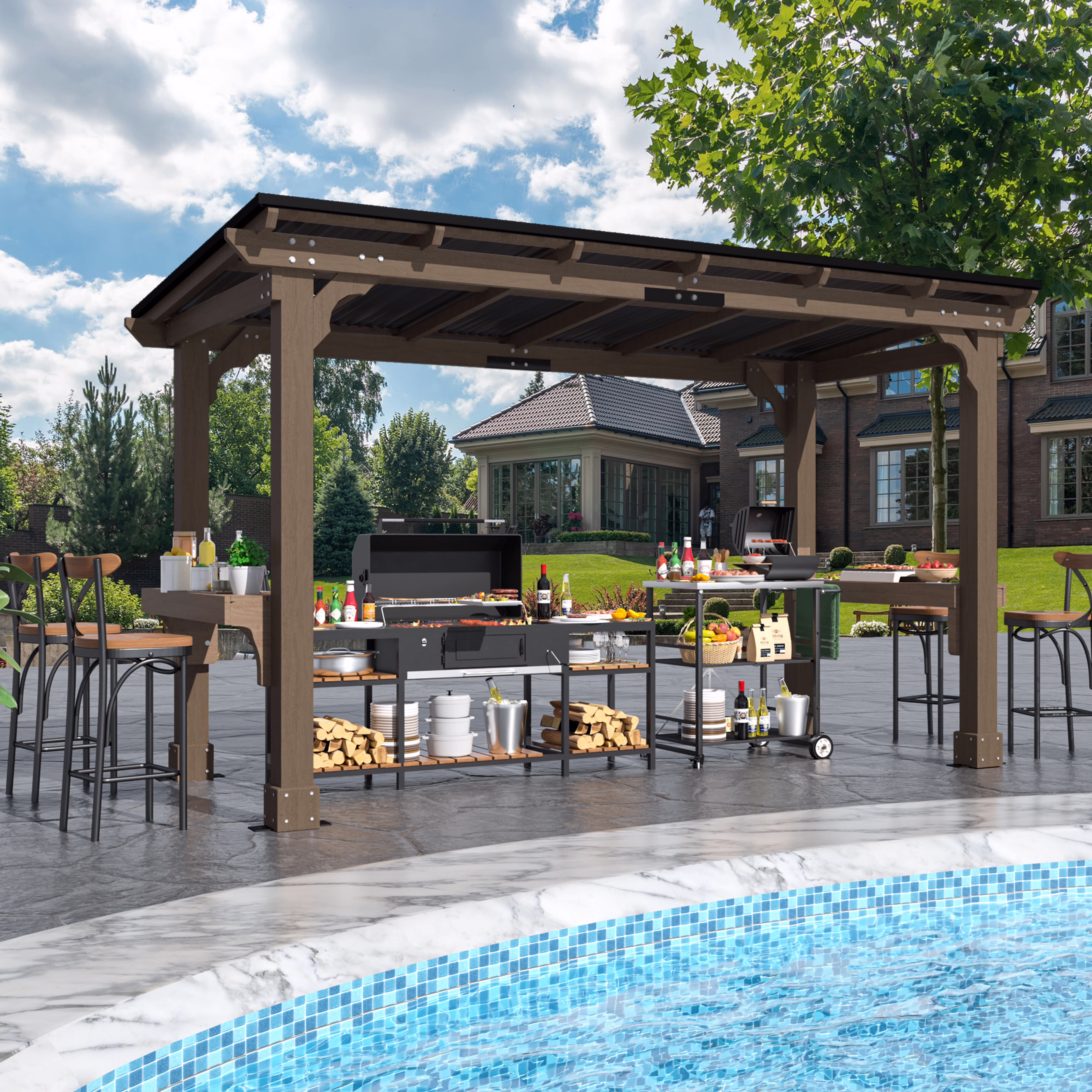 VEIKOUS 8' x 5' Outdoor Hardtop Gazebo, BBQ Grill Gazebo w/ Workstation Shelves for Lawn, Garden, Deck - Image 5