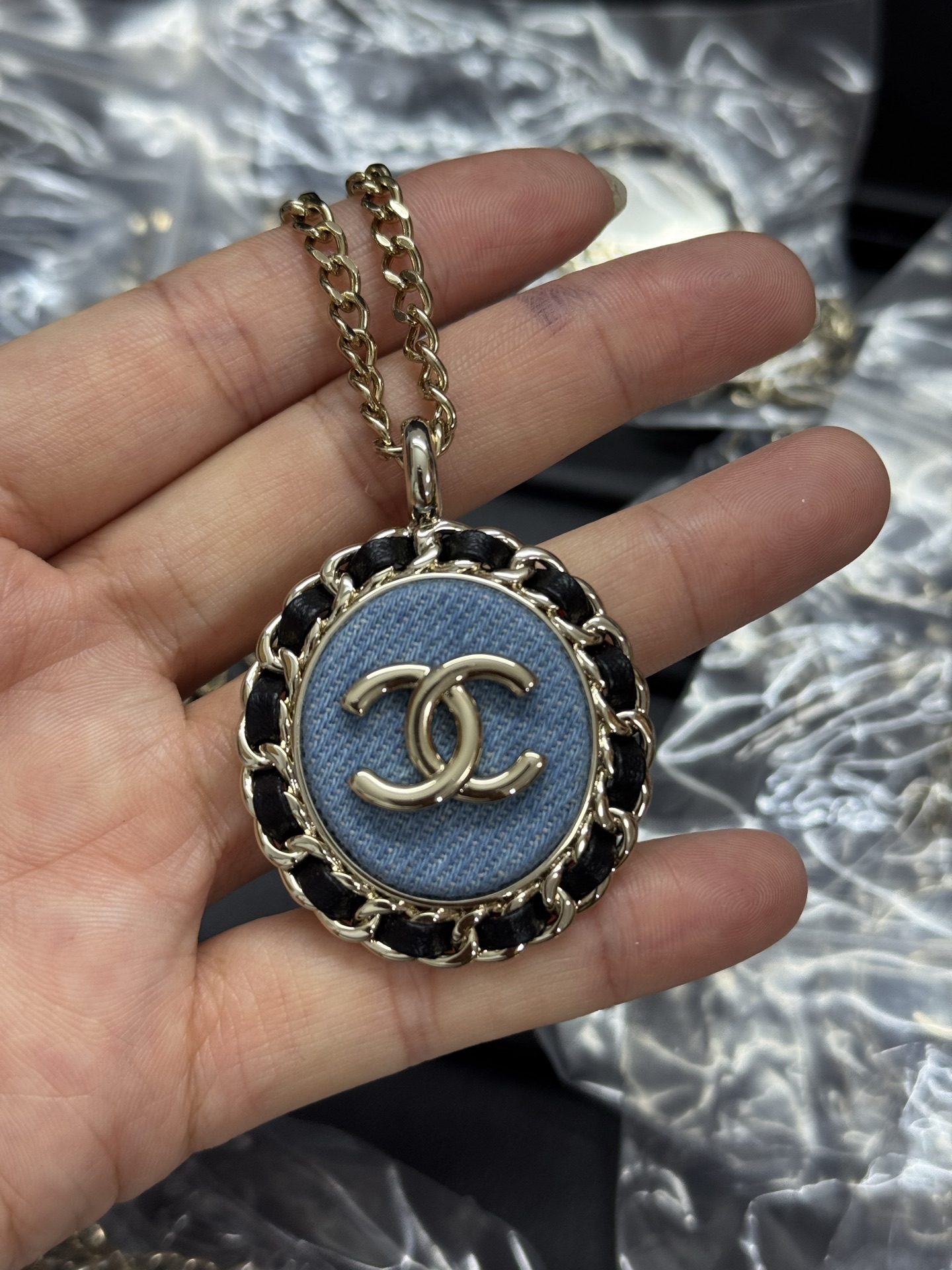 Chanel Large Leather Wrap Vintage Denim Oval Pendant Necklace - Original Replica Club
