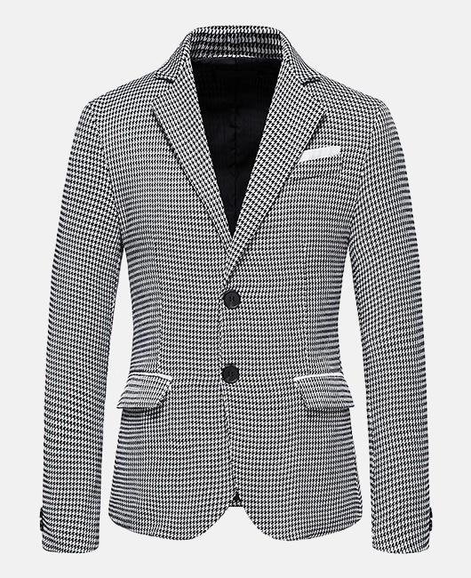 Houndstooth Tweed Contrast Trim Notch Lapel Single Breasted Blazer